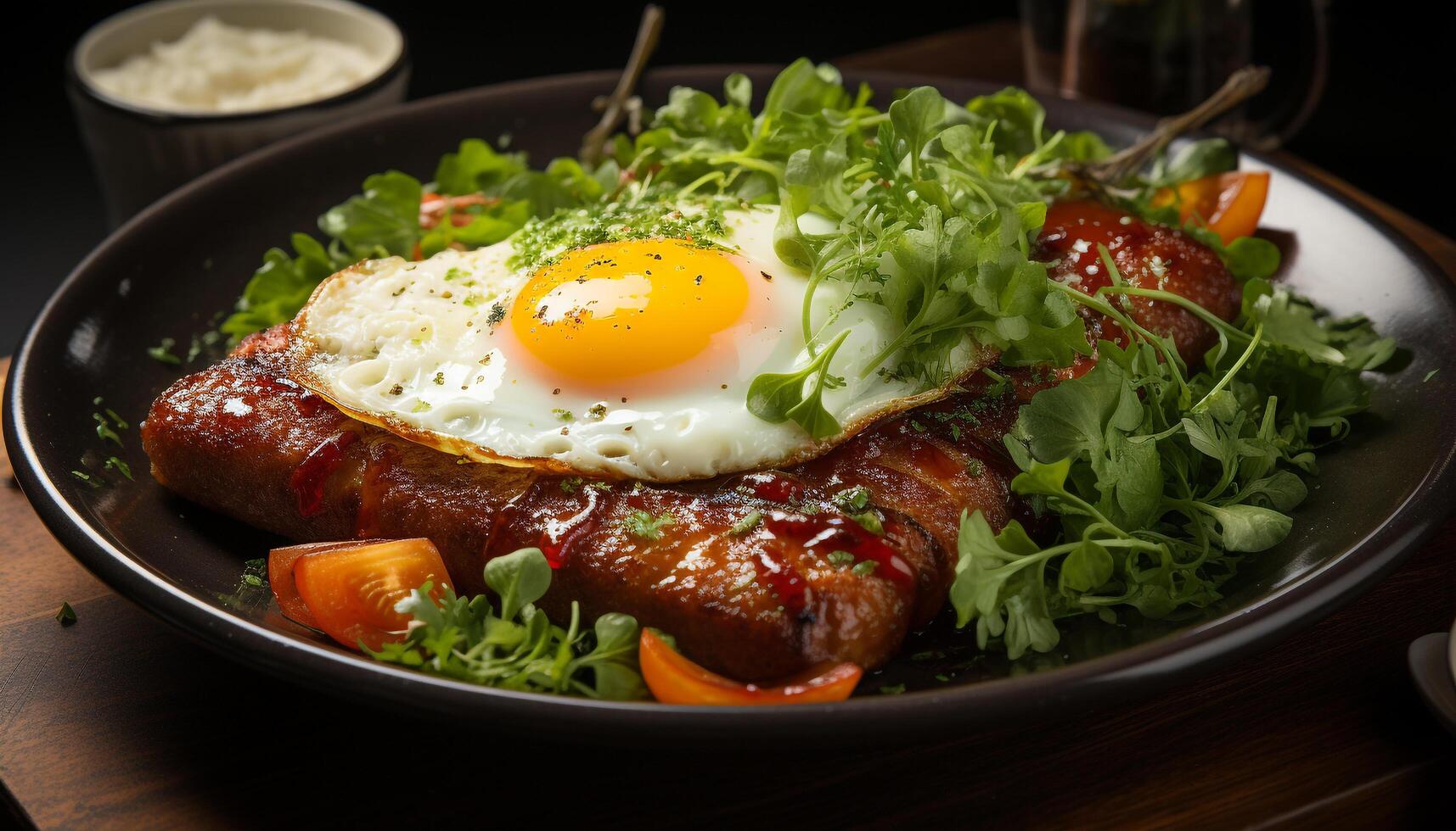 AI generated Grilled pork steak with fresh vegetables, a healthy gourmet meal generated by AI photo