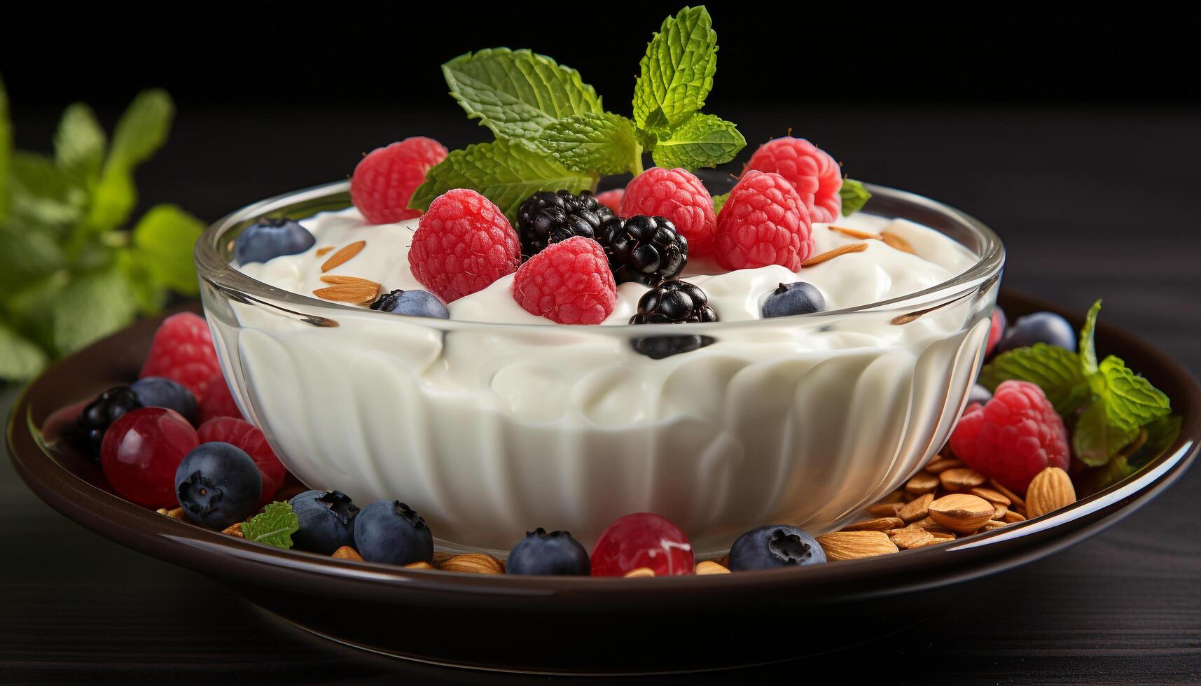 AI generated Freshness and sweetness in a bowl of raspberry blueberry parfait generated by AI photo