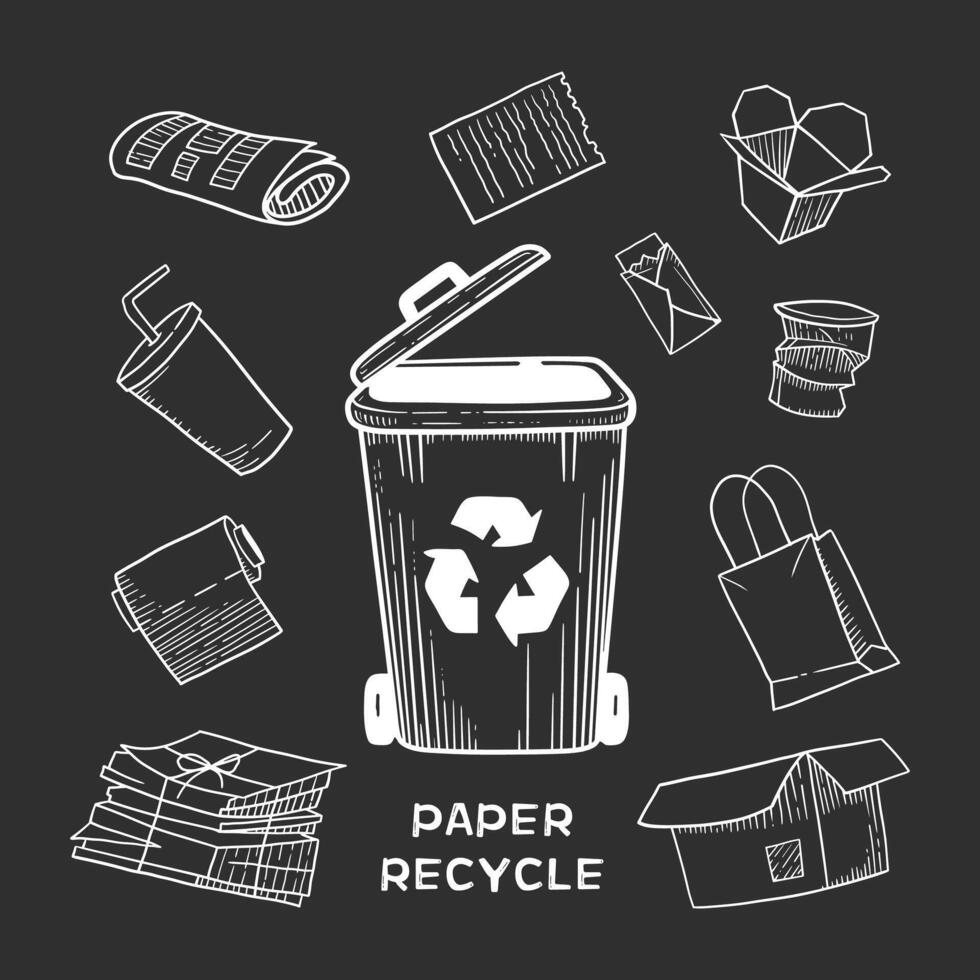 Hand drawn set of trash can. Recycling symbol. Vector illustration