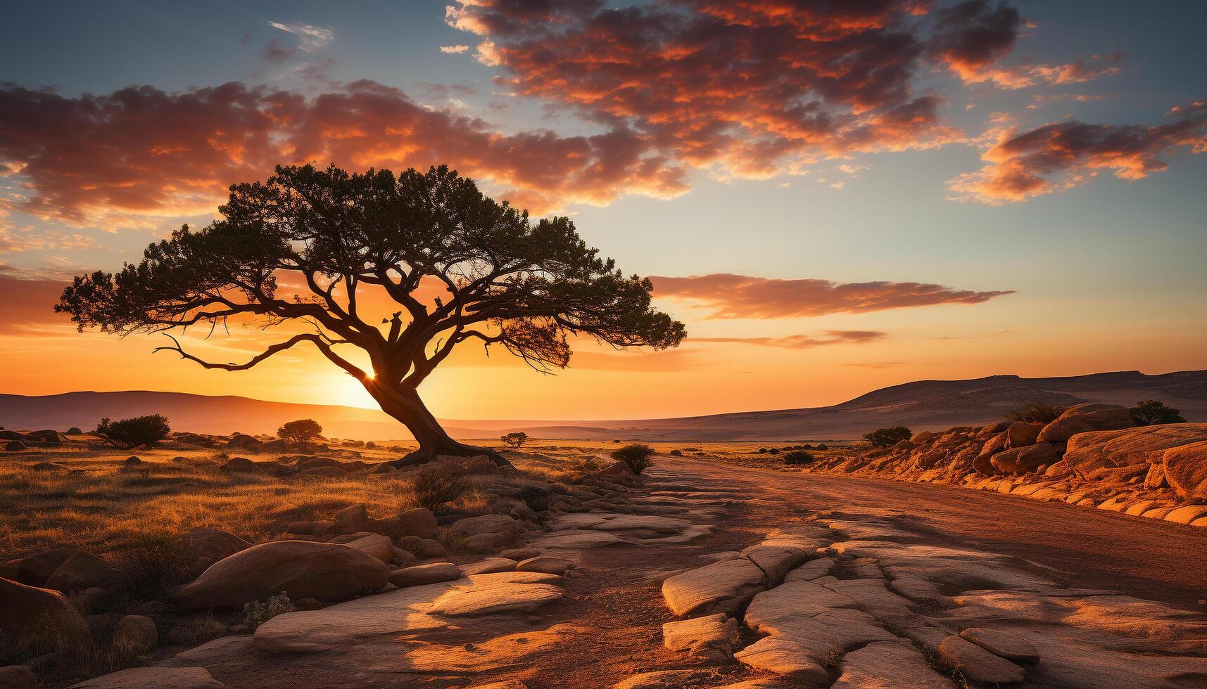 ai generado puesta de sol terminado el africano sabana, un tranquilo, panorámico belleza generado por ai foto