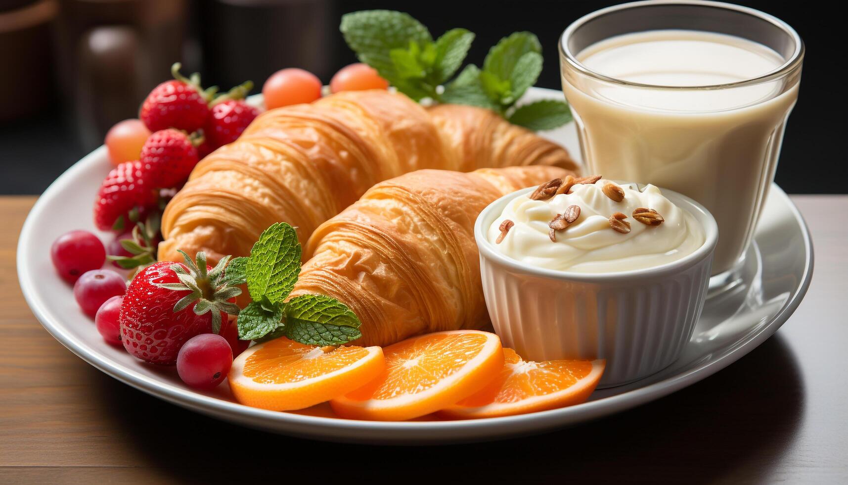 AI generated Freshness and sweetness on a plate gourmet dessert with strawberries generated by AI photo