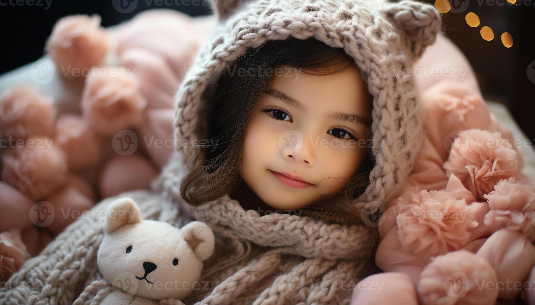 ai generado sonriente bebé niña en linda invierno ropa, jugando con osito de peluche oso generado por ai foto