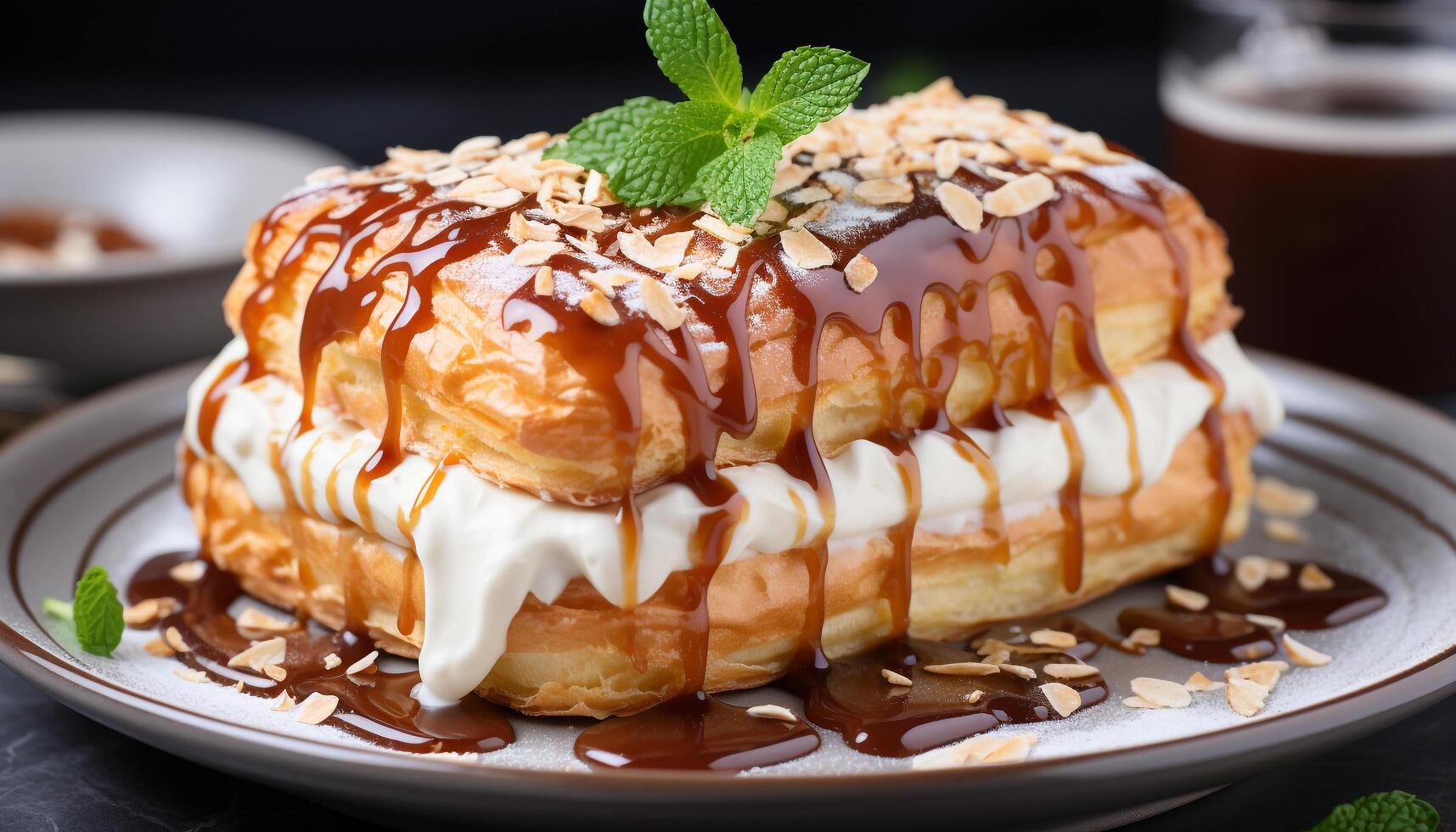 AI generated A fluffy homemade pancake with whipped cream and syrup generated by AI photo