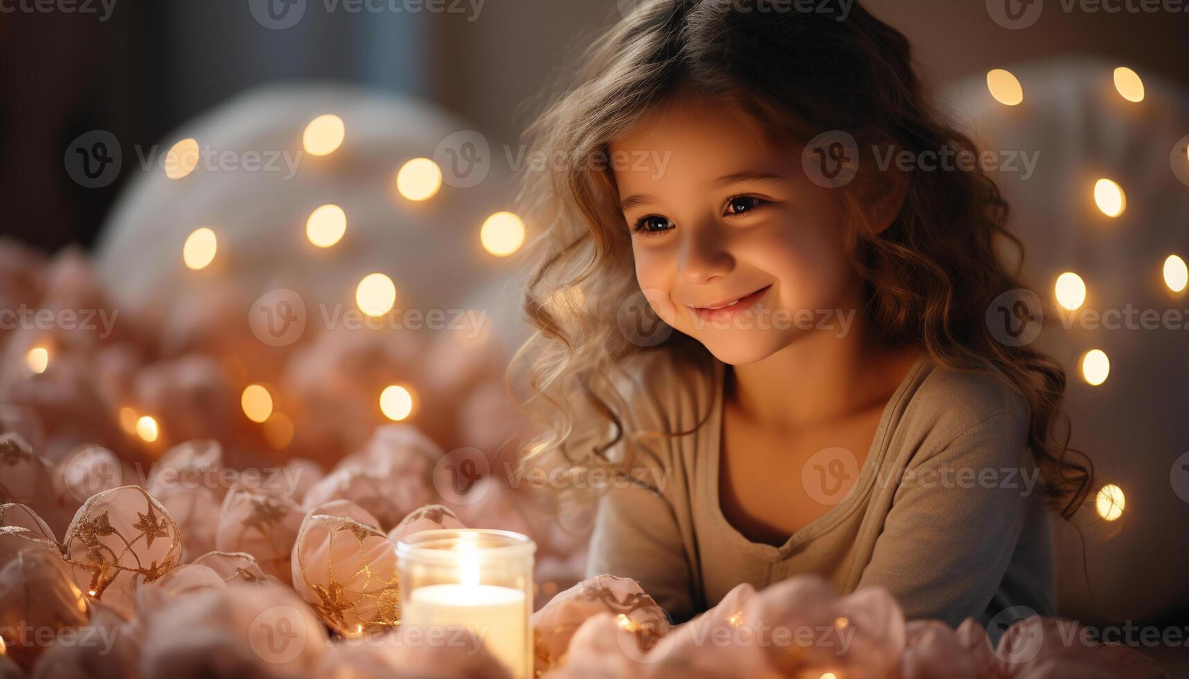 AI generated A cute, smiling child enjoys the Christmas decoration indoors generated by AI photo