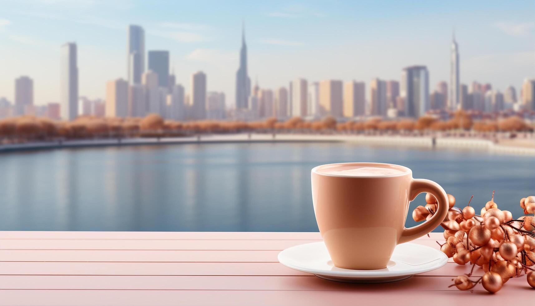 AI generated Coffee cup on table, cityscape backdrop, urban skyline freshness generated by AI photo