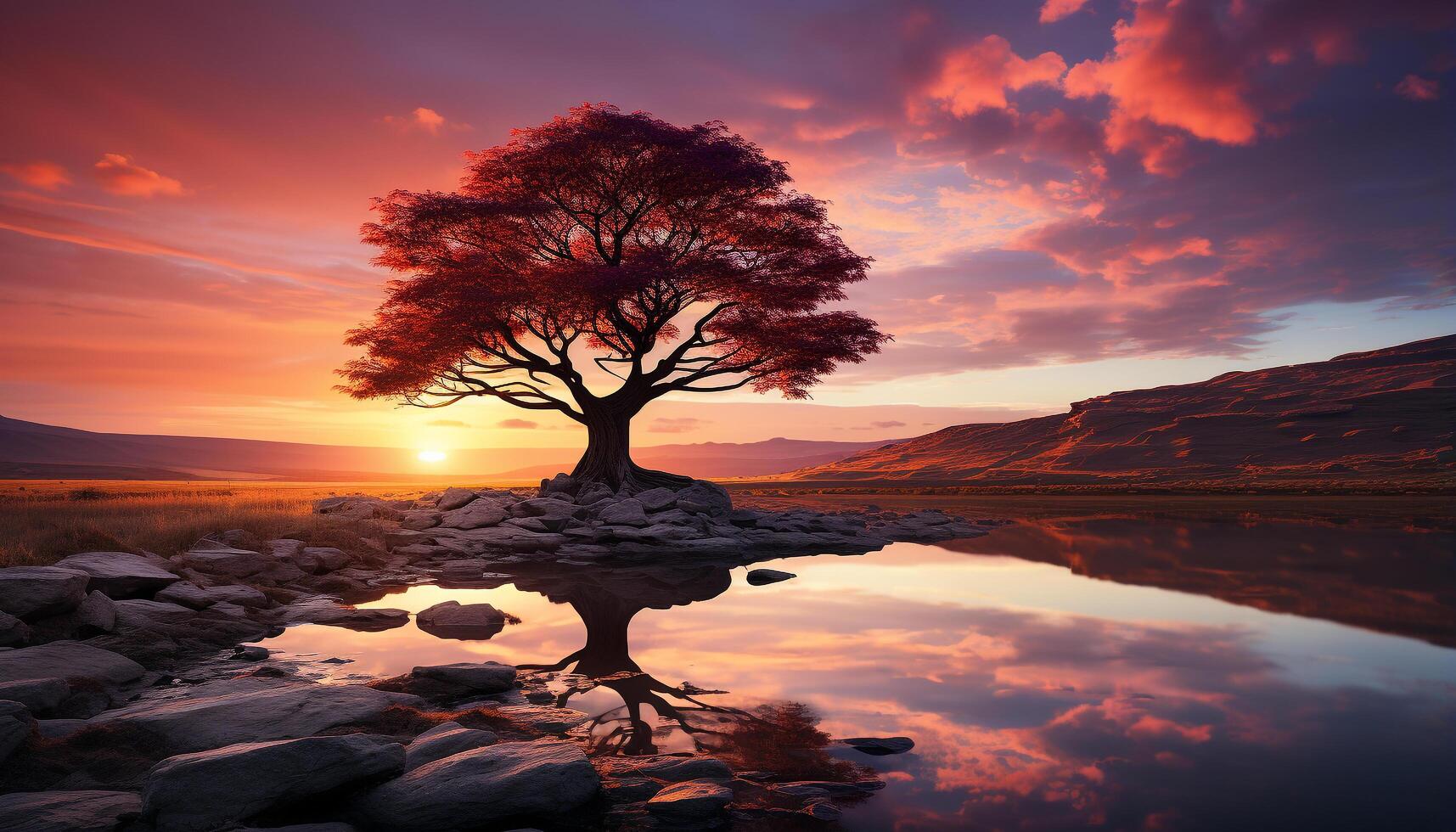 AI generated Sunset silhouette reflects on tranquil water, nature beauty generated by AI photo