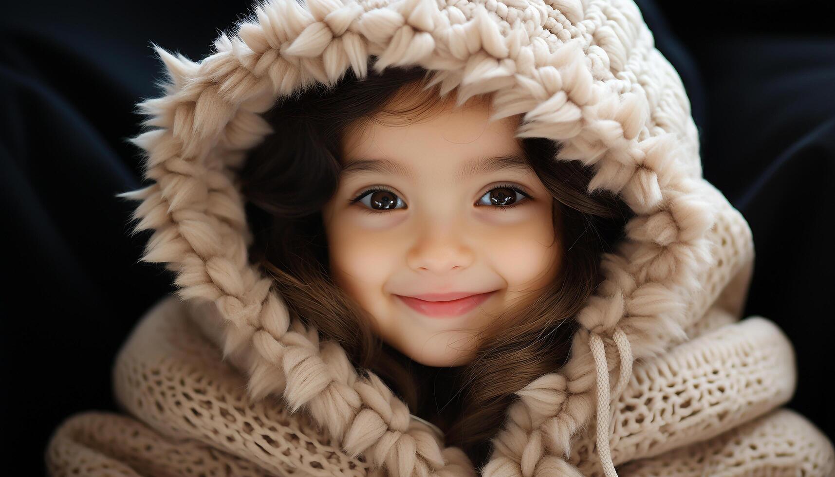 AI generated Smiling cute child, portrait of cheerful Caucasian girl in winter generated by AI photo