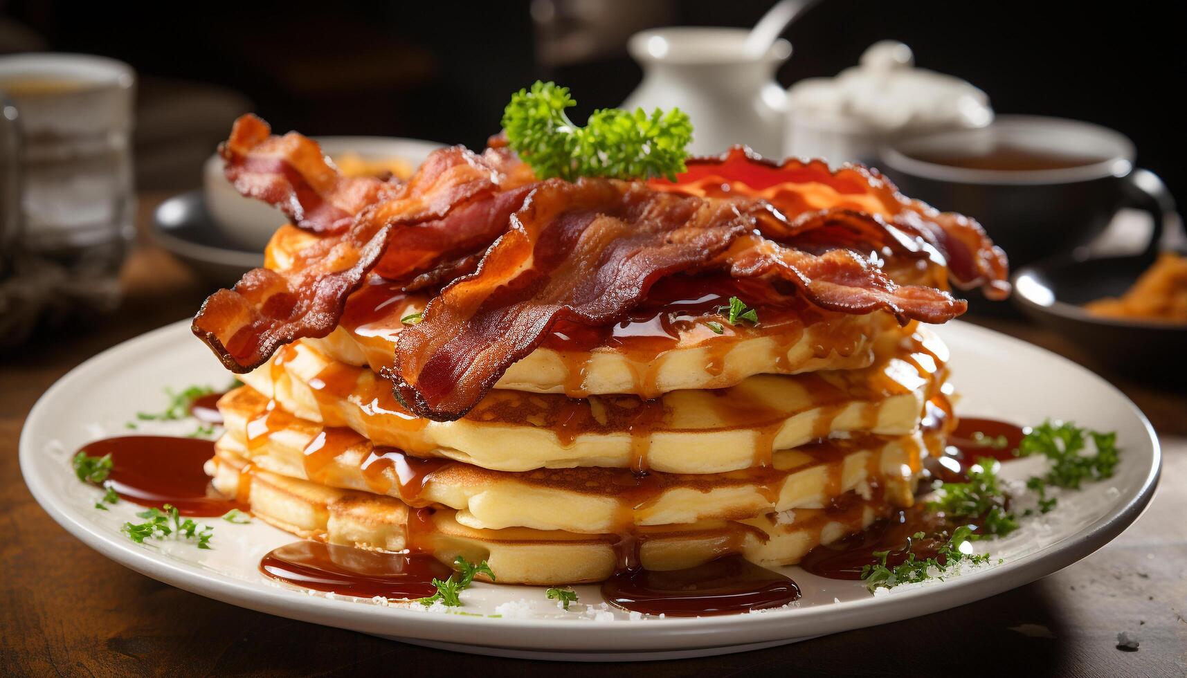 AI generated Freshly cooked pancake stack on rustic wood plate generated by AI photo