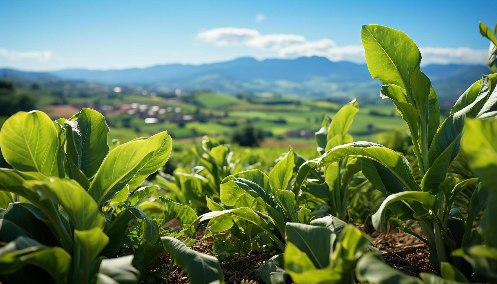 AI generated Fresh green tea leaves grow in a beautiful mountain landscape generated by AI photo