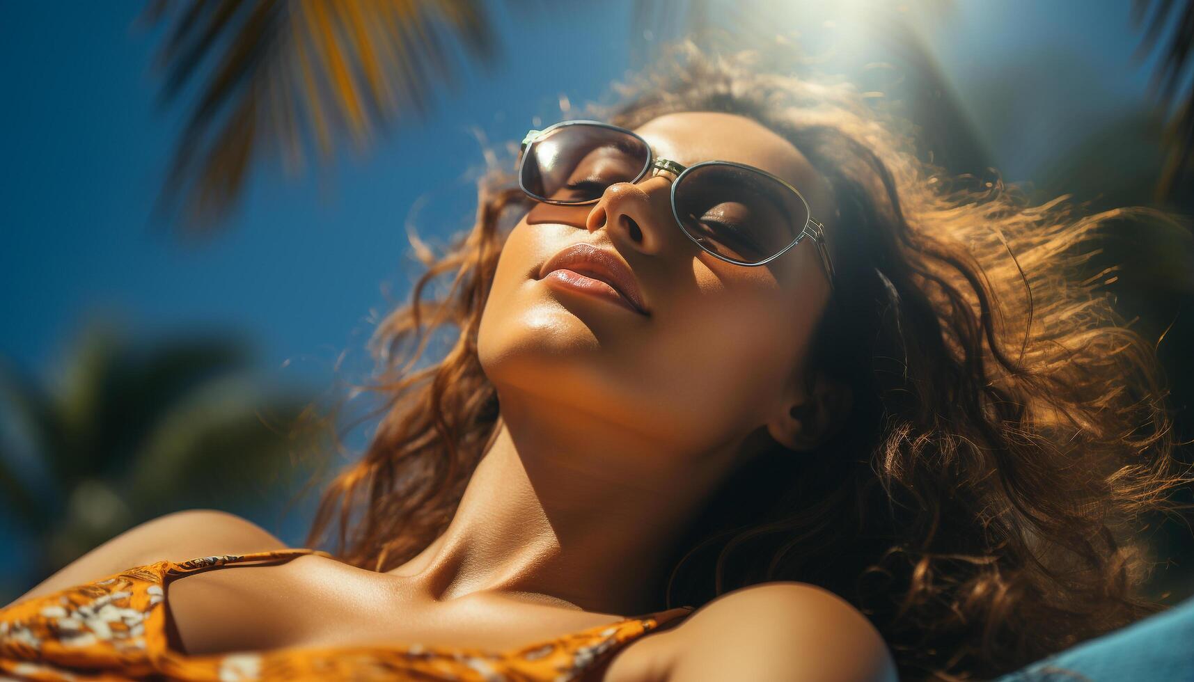 AI generated Young woman in sunglasses enjoys summer vacation, smiling in nature generated by AI photo
