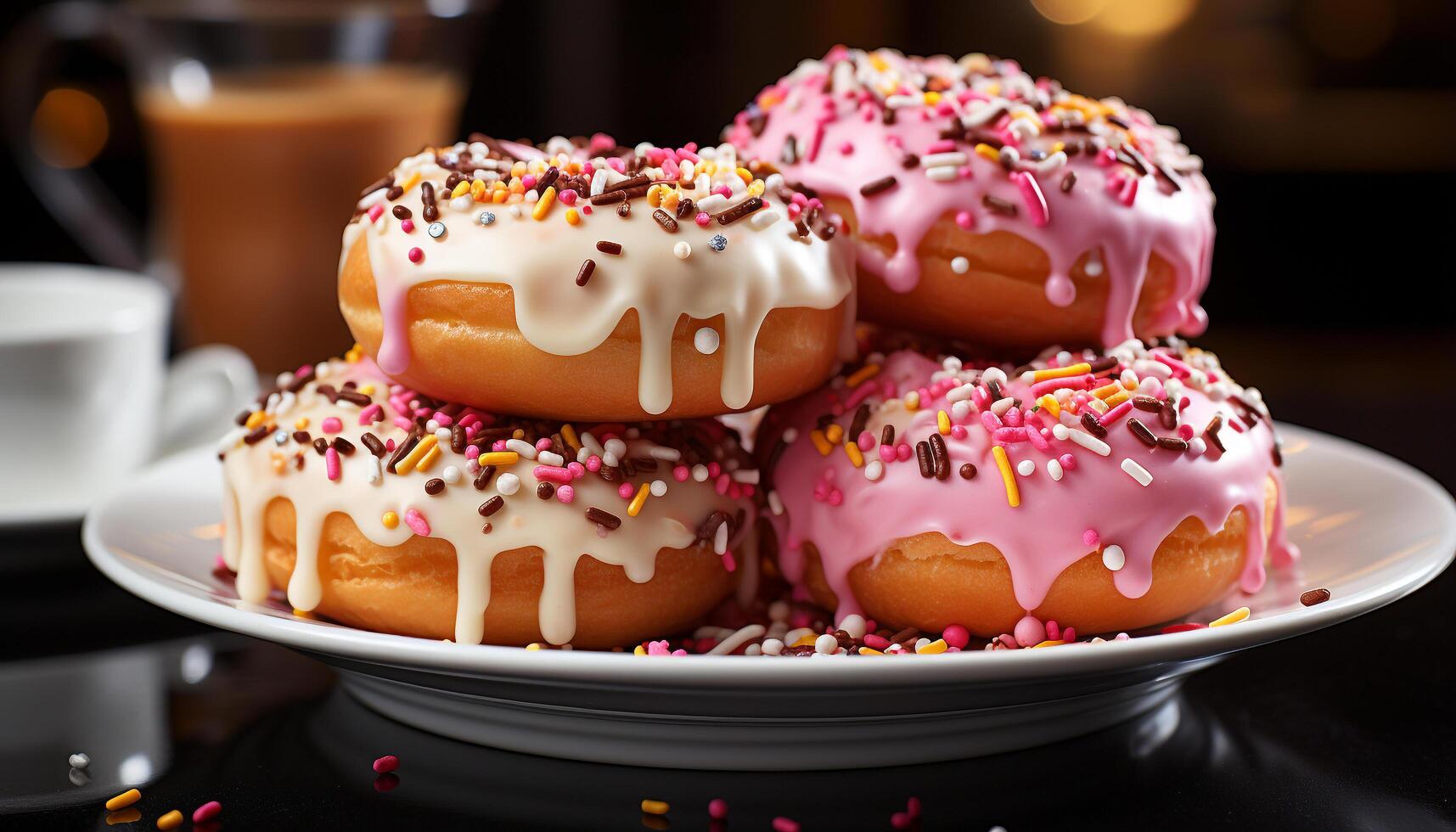 AI generated Homemade donut with colorful icing, chocolate, and strawberry generated by AI photo