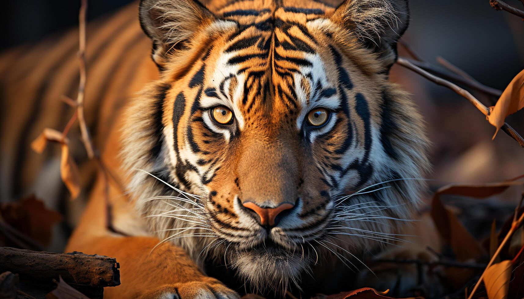 AI generated Majestic Bengal tiger, fierce hunter, staring in the wild generated by AI photo