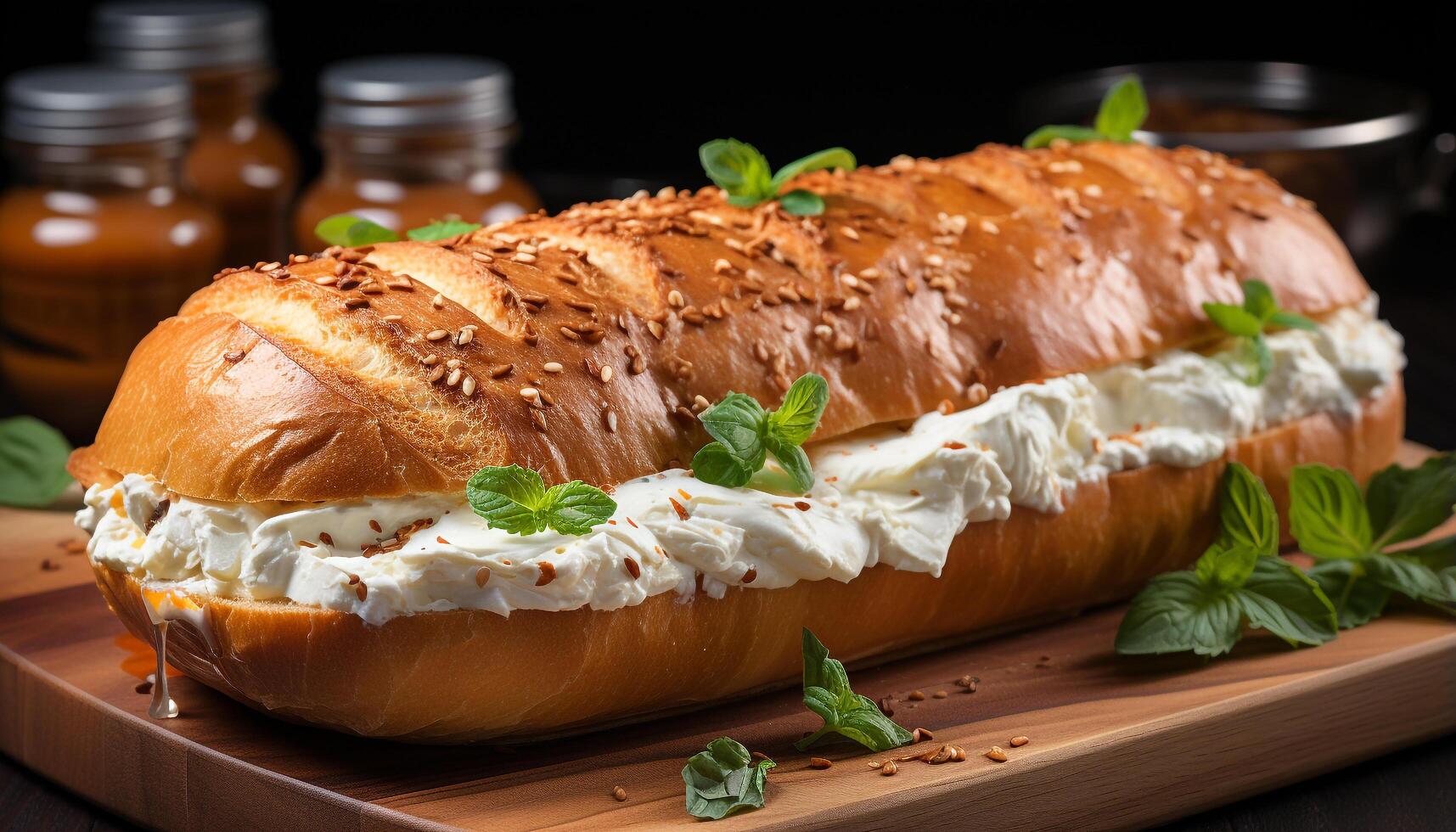 ai generado frescura y gastrónomo comida A la parrilla Cerdo en ciabatta un pan generado por ai foto