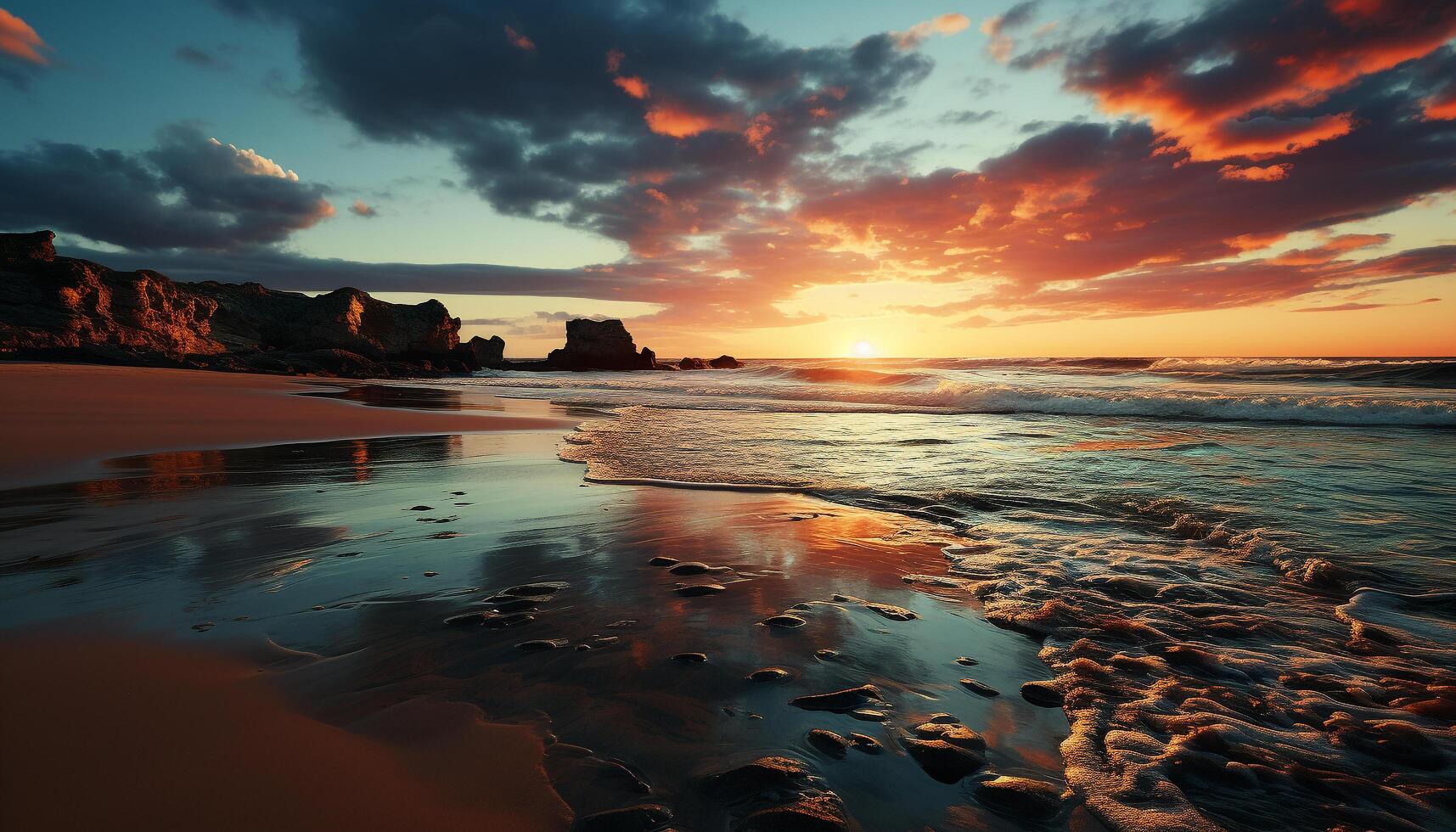 AI generated Sunset over the coastline, nature beauty reflected in tranquil waters generated by AI photo