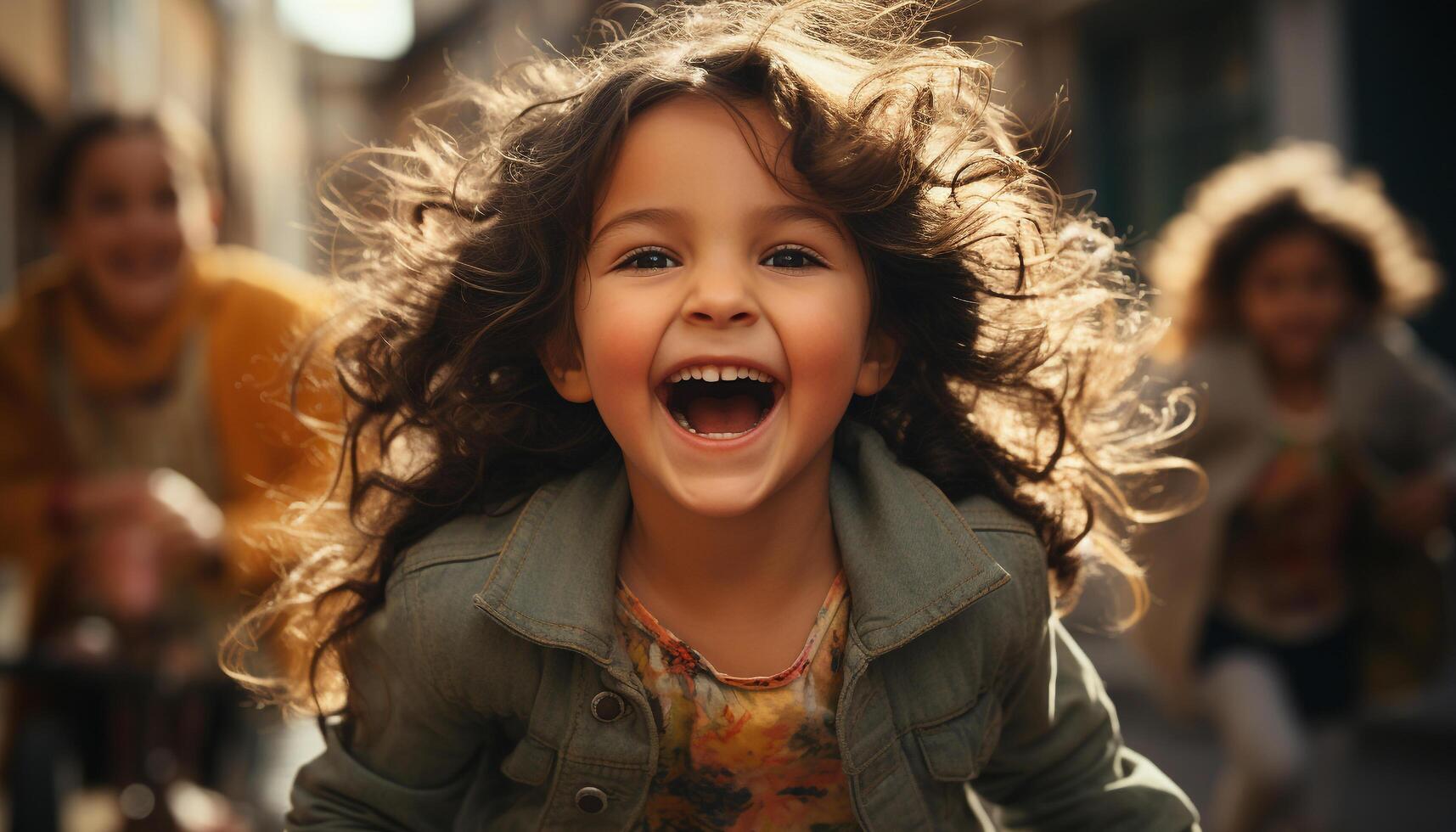 AI generated Smiling child, cheerful girls, playful boys, carefree laughter outdoors generated by AI photo