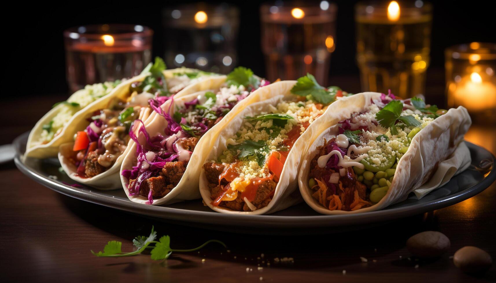 AI generated Grilled beef taco with guacamole, tomato, and cilantro freshness generated by AI photo