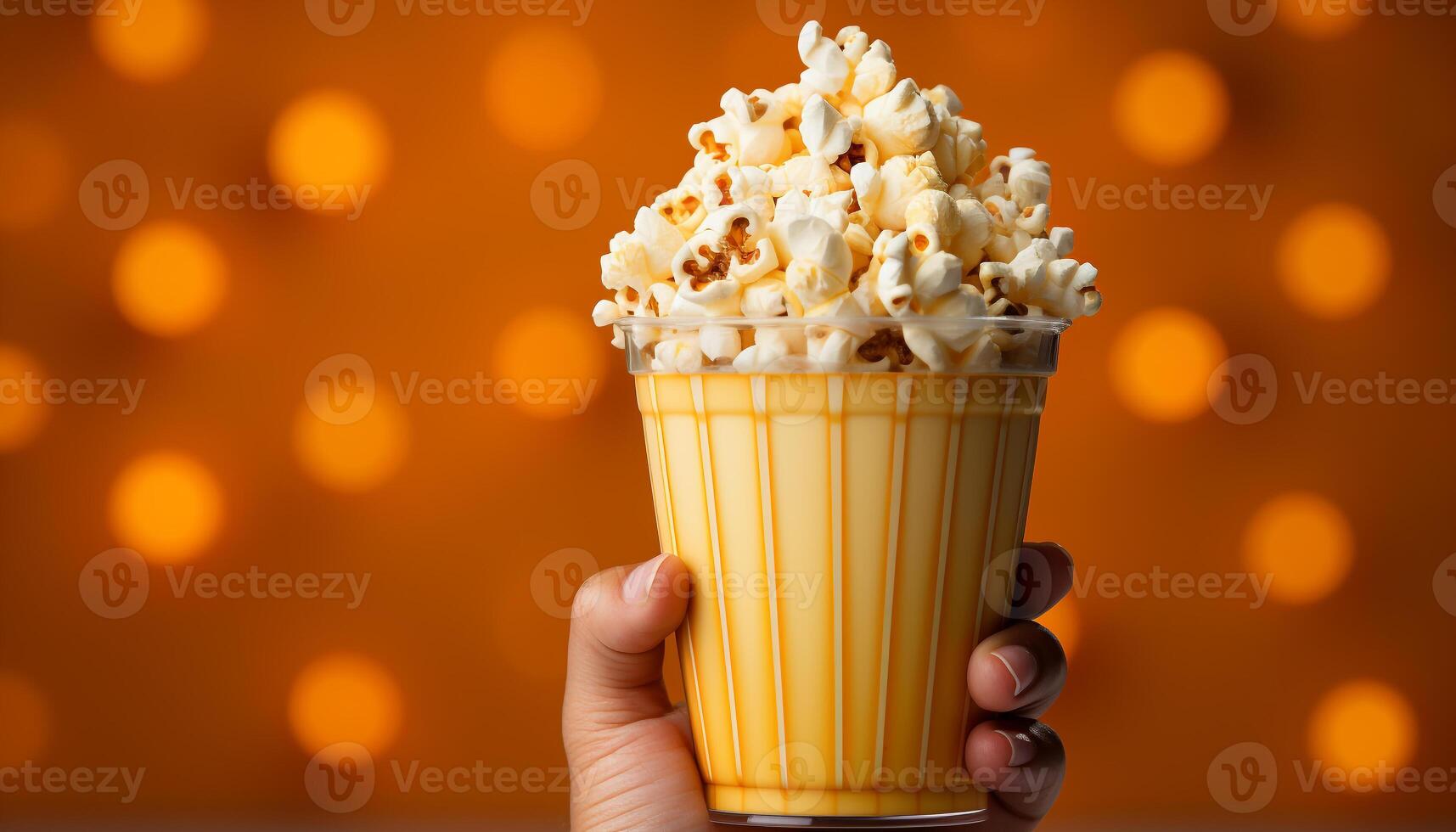 ai generado mano participación un dulce bocadillo, disfrutando un película teatro celebracion generado por ai foto