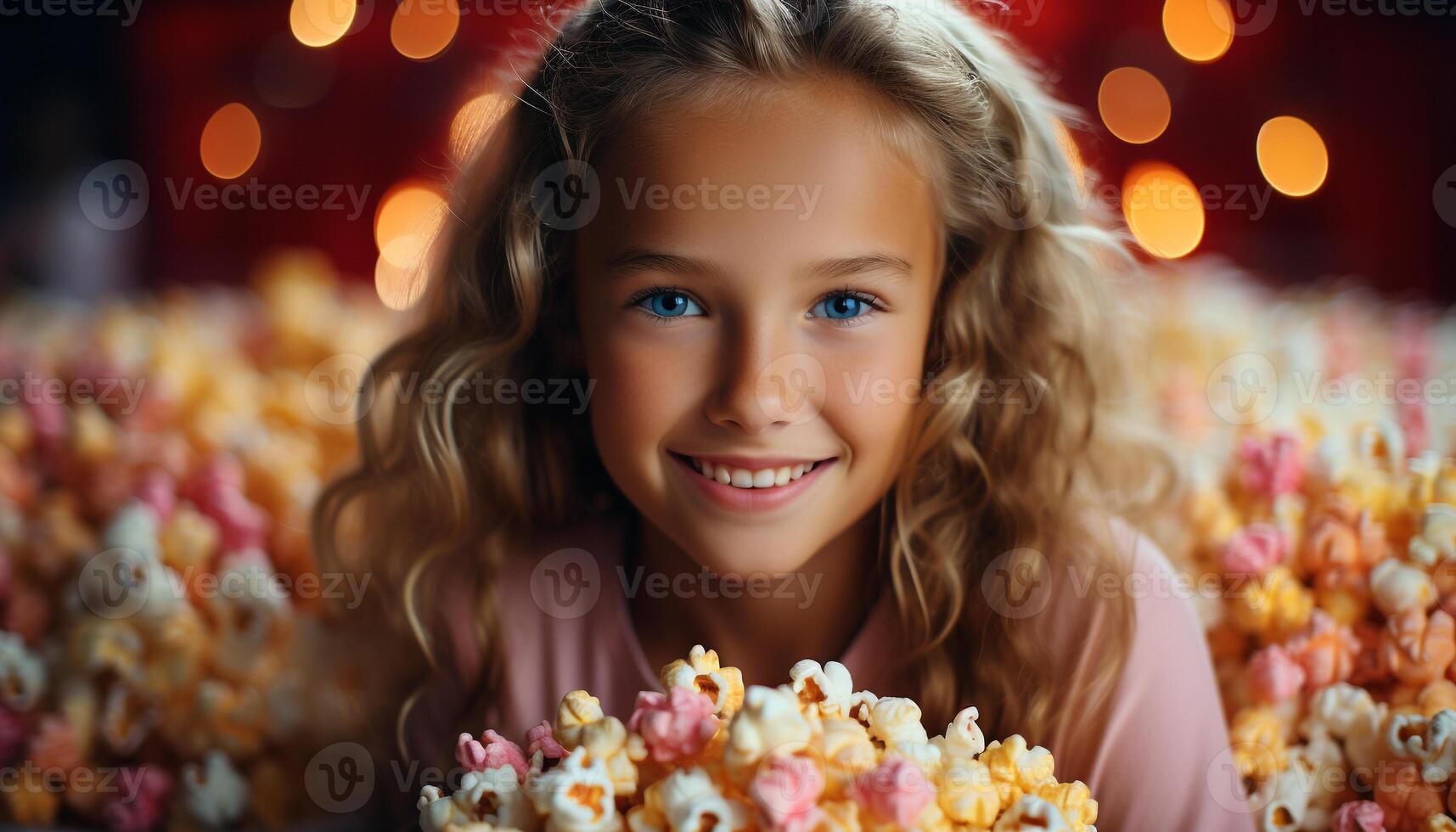 AI generated Smiling girl holds cookie, enjoying Christmas tree decoration generated by AI photo
