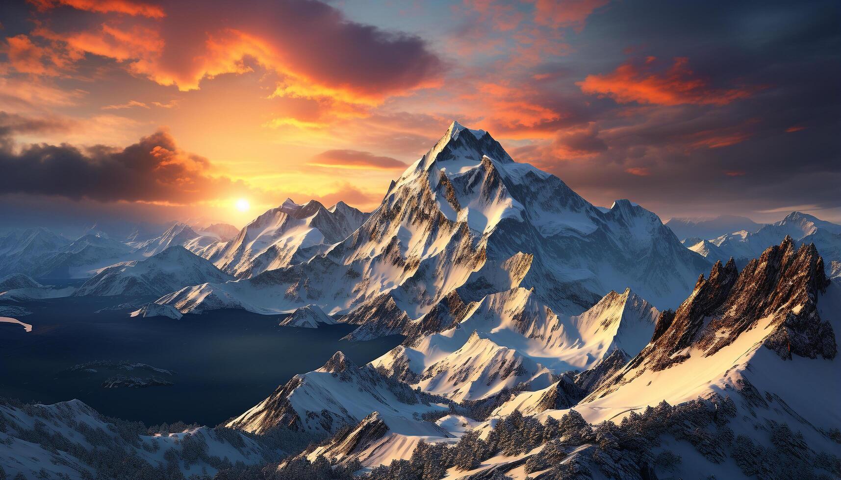 AI generated Majestic mountain peak, snow covered landscape, tranquil sunrise generated by AI photo