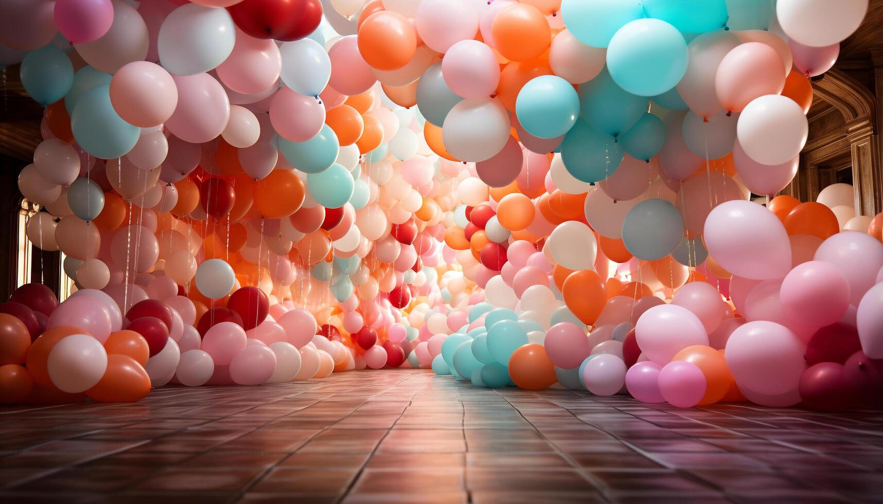 ai generado alegre celebracion con vistoso globos volador en el antecedentes generado por ai foto