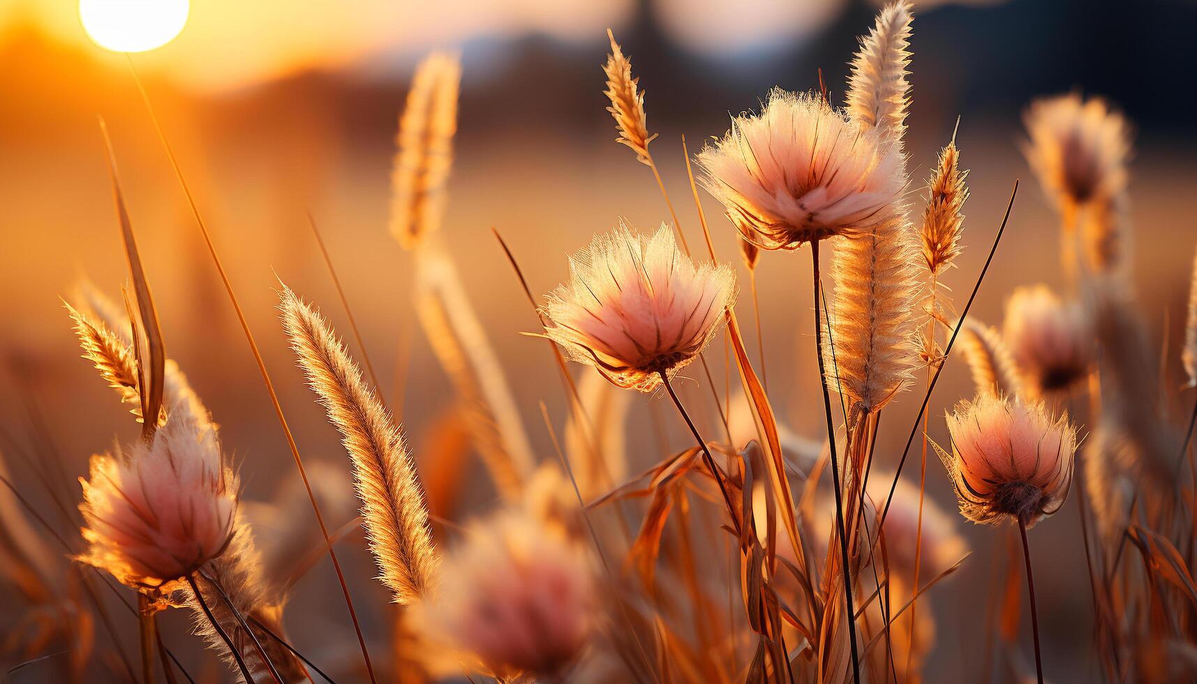AI generated Sunset over meadow, nature beauty in a tranquil scene generated by AI photo