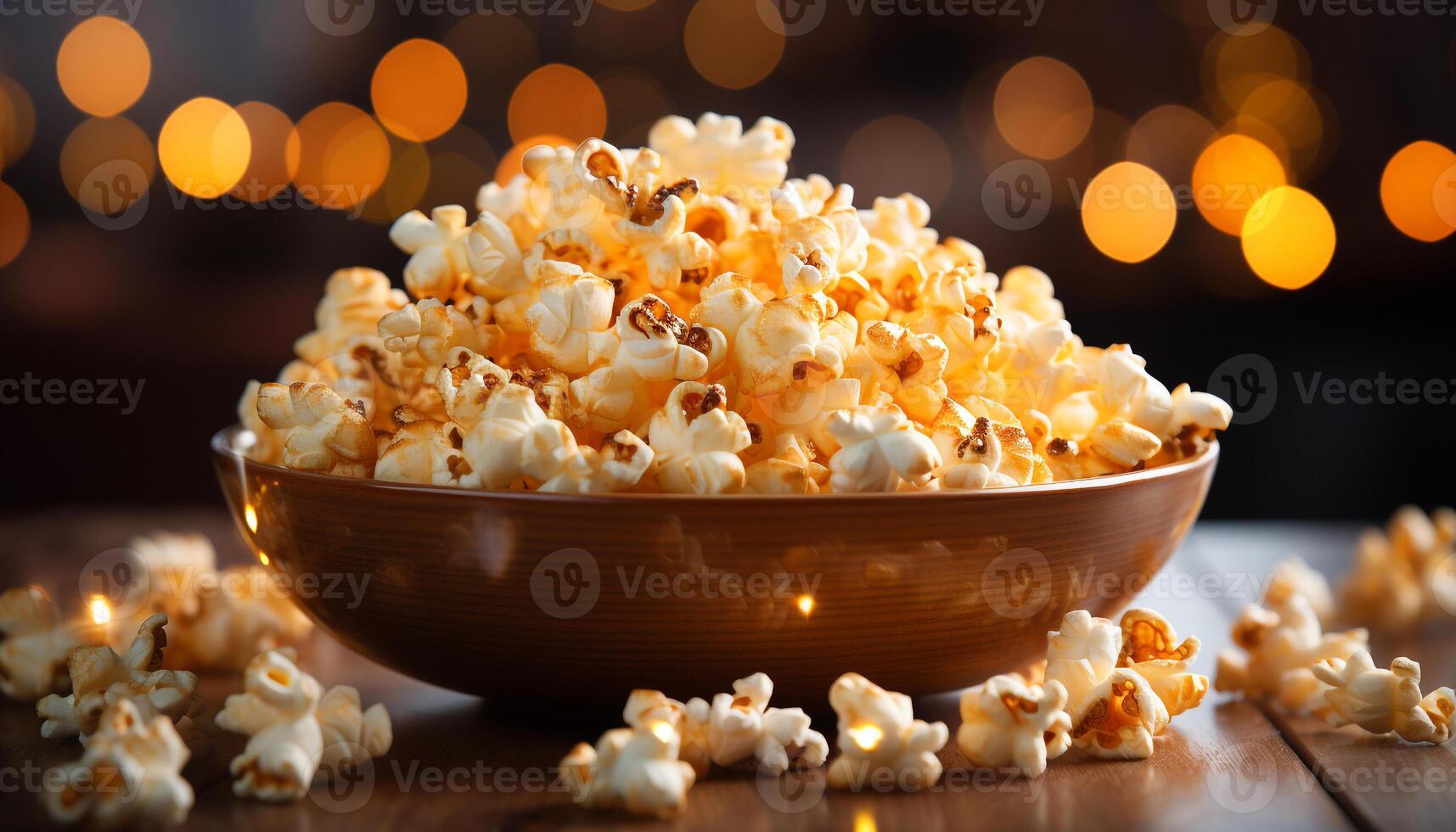 AI generated Fluffy popcorn bowl, sweet caramel indulgence, movie night relaxation generated by AI photo