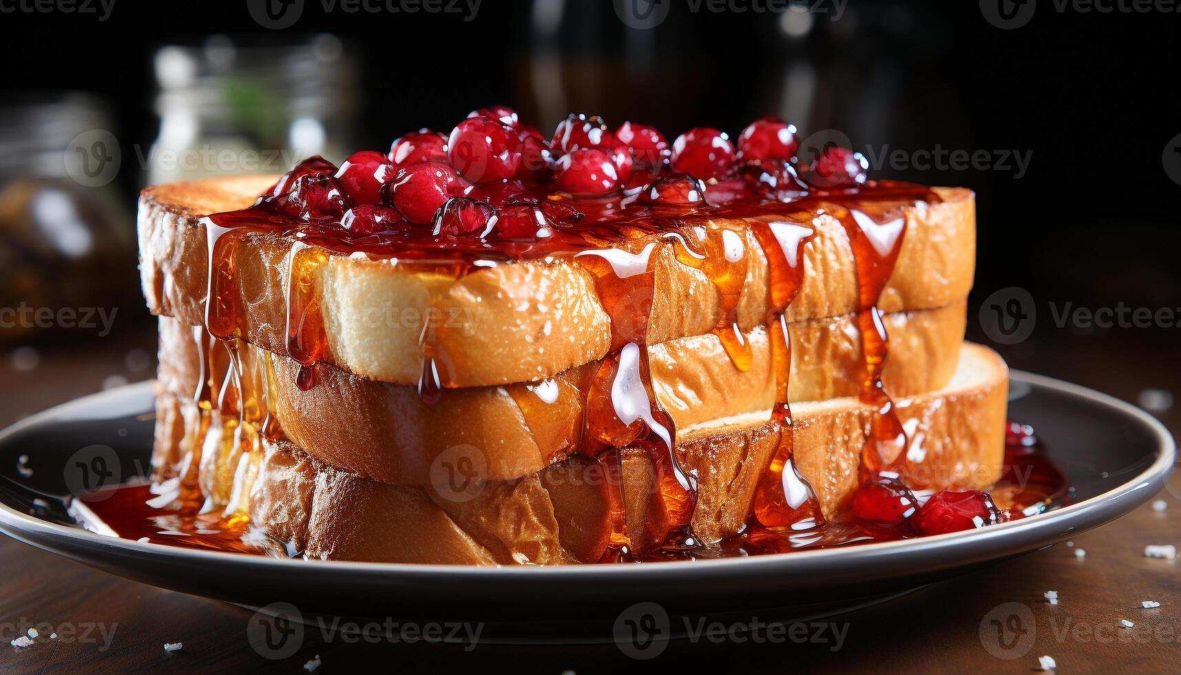 AI generated Homemade pancake stack with fresh berries, chocolate, and syrup generated by AI photo
