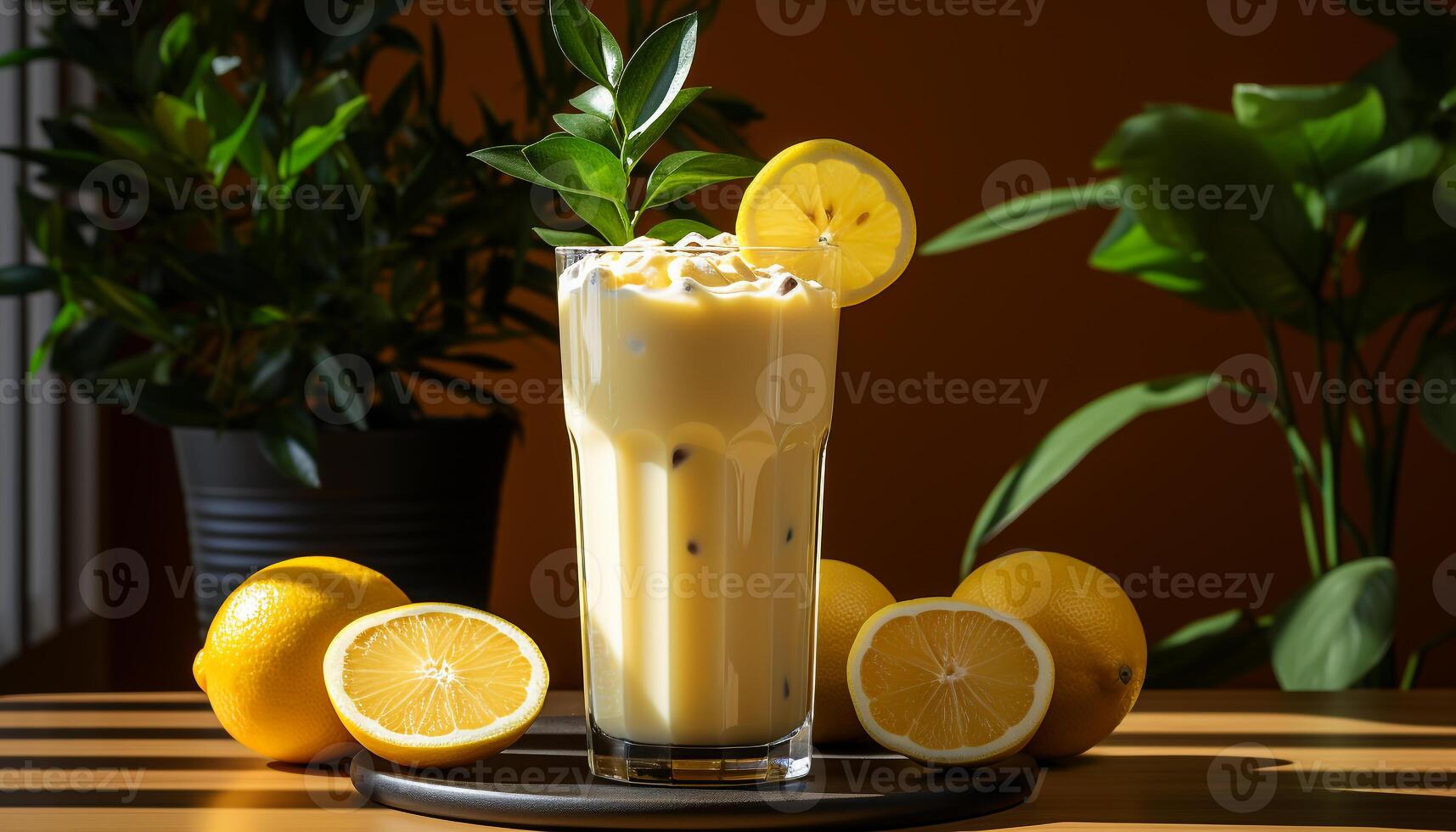 AI generated Refreshing lemonade on a wooden table, perfect for summer generated by AI photo