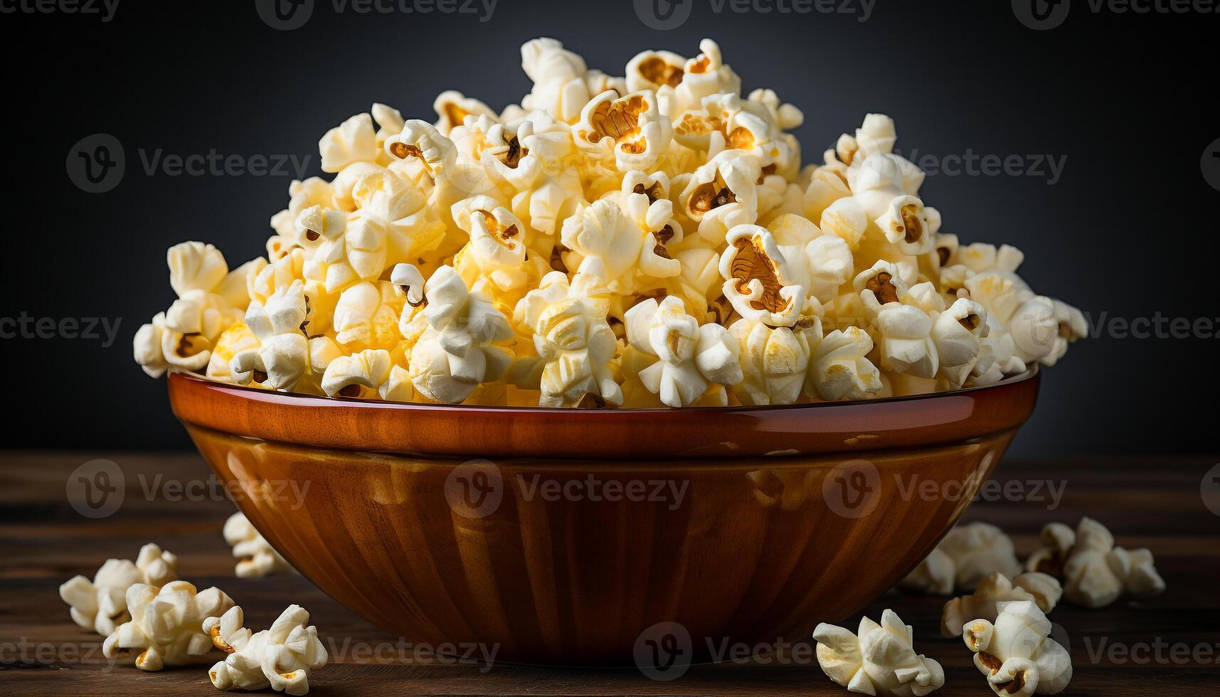 AI generated Fresh popcorn in a yellow bowl, perfect movie theater snack generated by AI photo