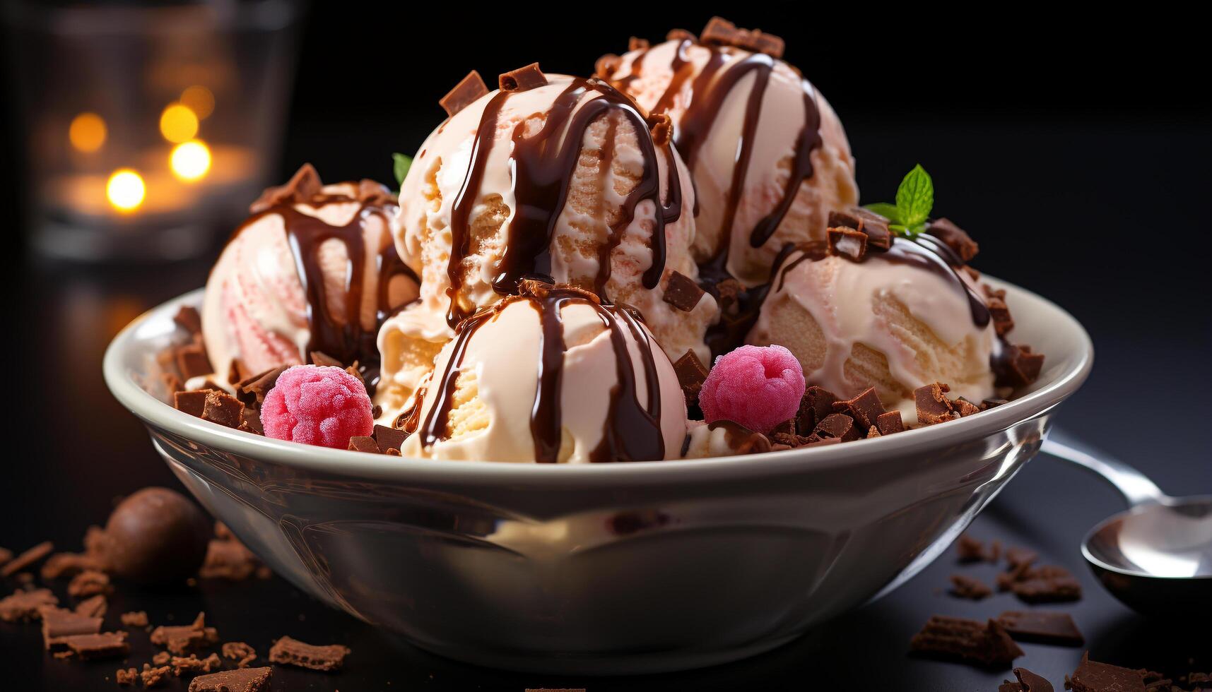 AI generated Gourmet chocolate ice cream sundae on wooden table generated by AI photo