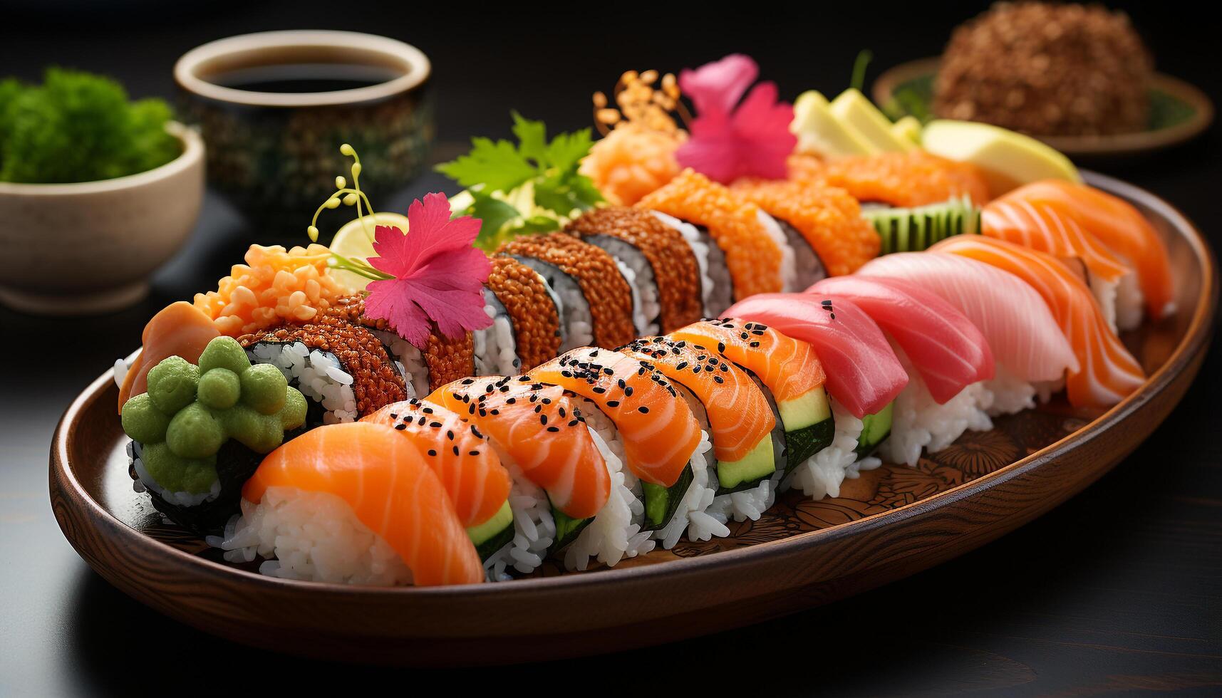 AI generated Freshness on plate seafood, sashimi, maki sushi, nigiri, avocado generated by AI photo