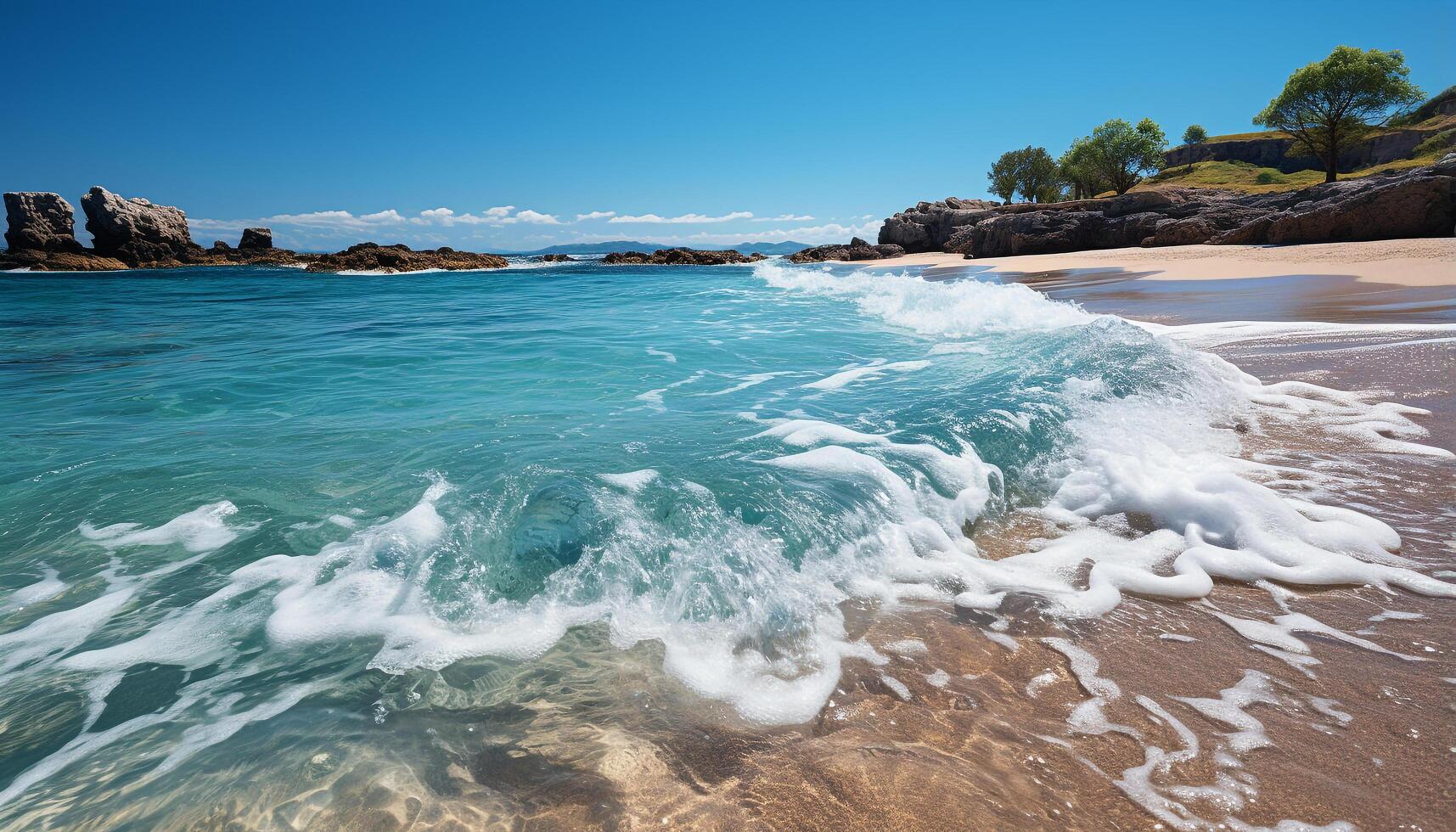 ai generado azul ola salpicaduras en rocoso línea costera, naturaleza tranquilo belleza generado por ai foto