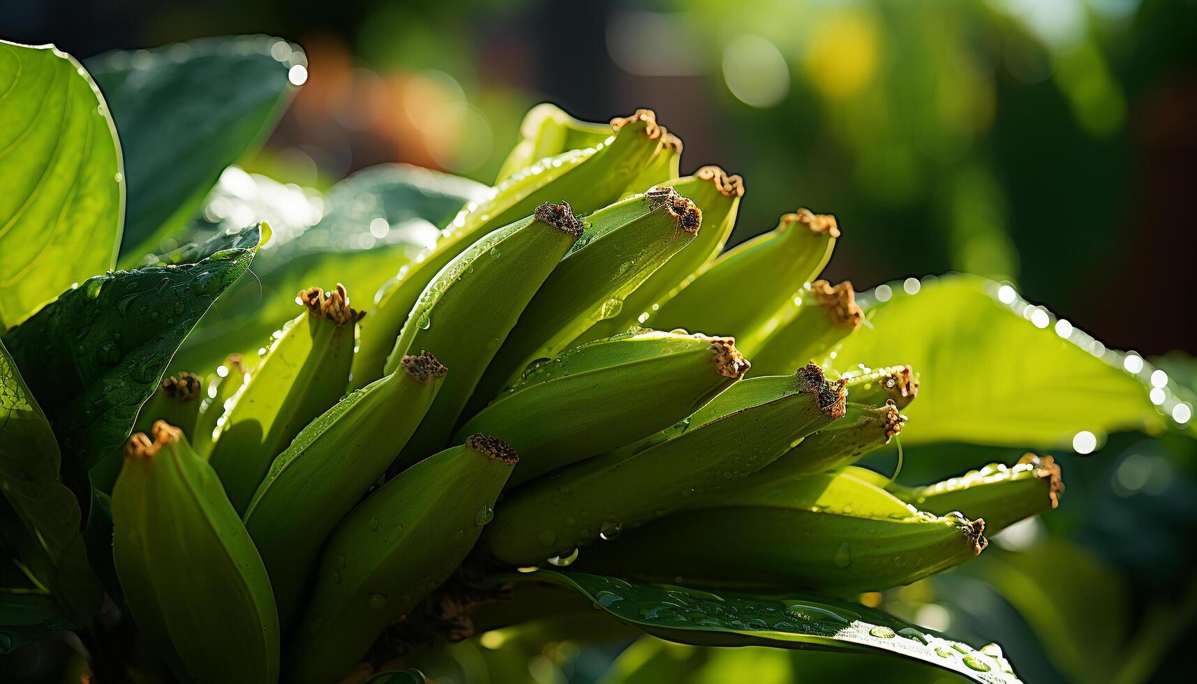 AI generated Fresh green leaves on a banana tree in the rainforest generated by AI photo