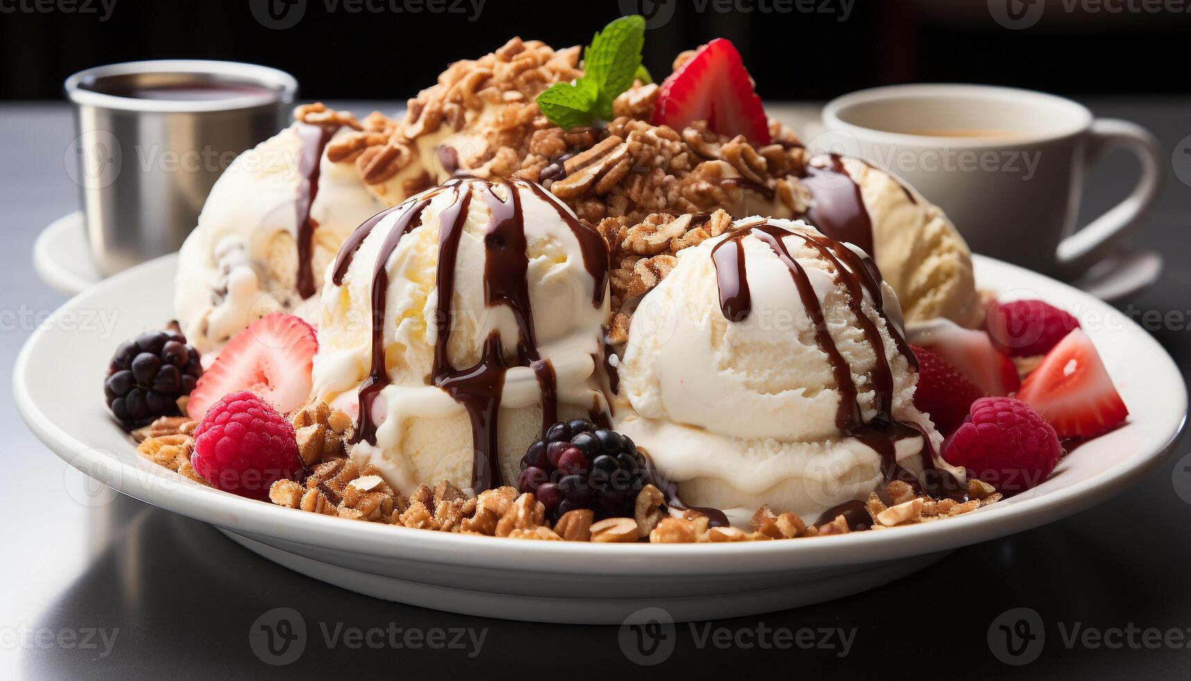 AI generated Freshness and indulgence on a plate of sweet berry dessert generated by AI photo