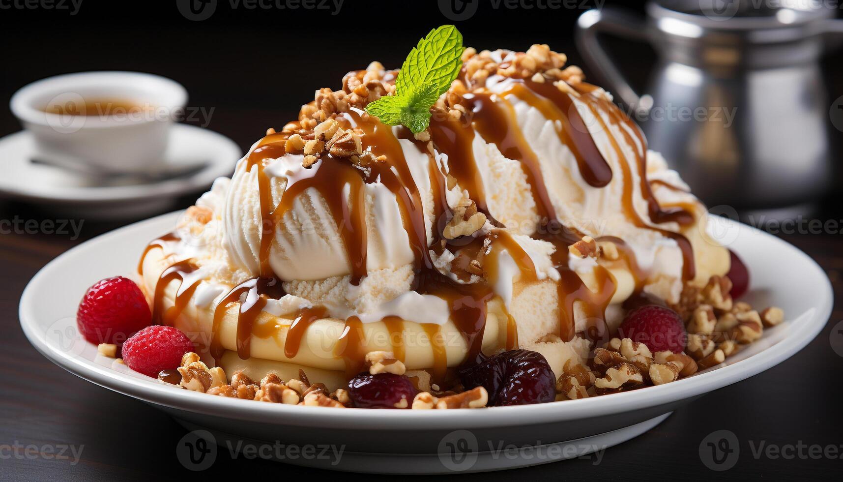 ai generado Fresco Fruta y azotado crema en un gastrónomo postre plato generado por ai foto