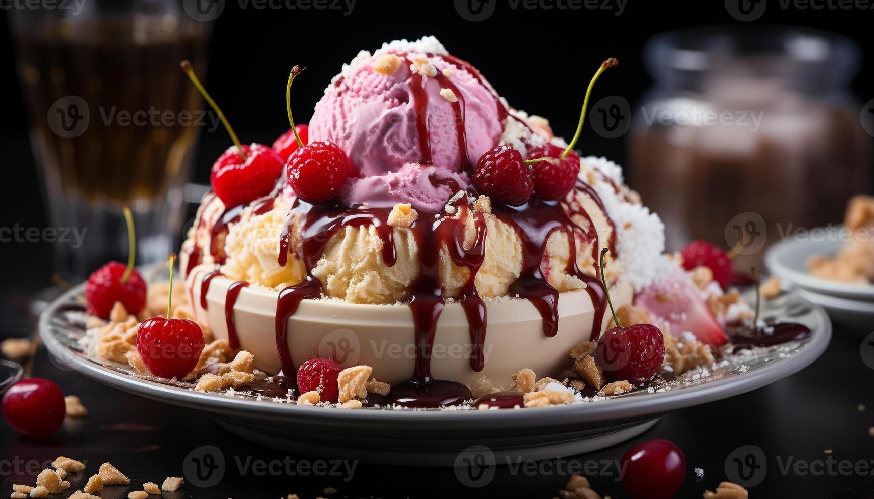 AI generated Indulgent homemade dessert chocolate ice cream with fresh berries generated by AI photo