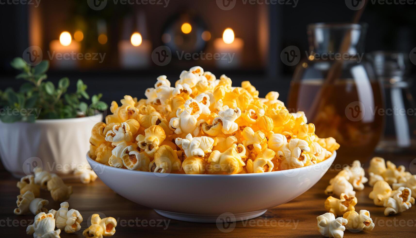 AI generated Fresh popcorn, sweet candy, and refreshing drink for movie night generated by AI photo