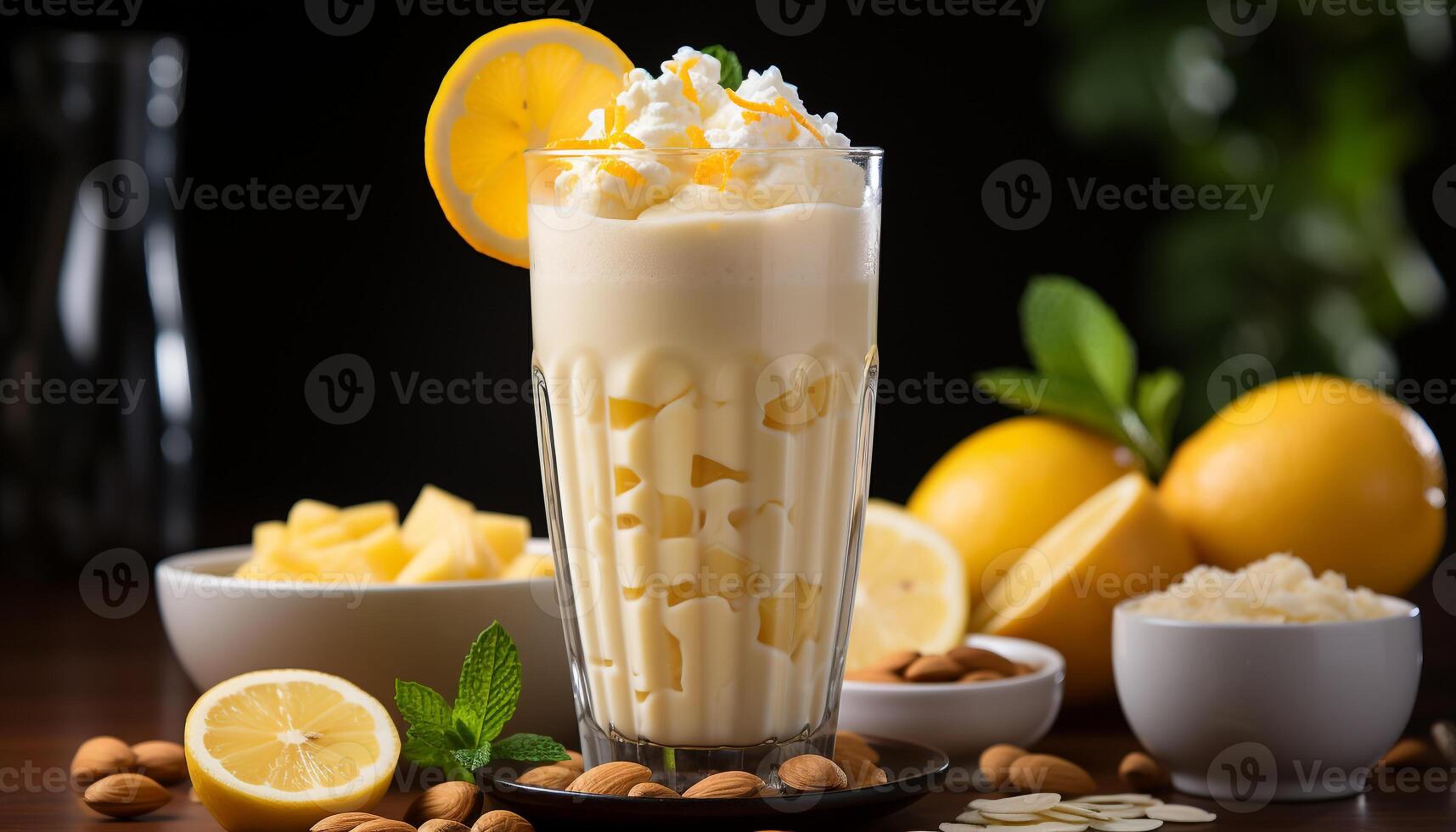 AI generated Fresh lemon slice on a wooden table, healthy and refreshing generated by AI photo