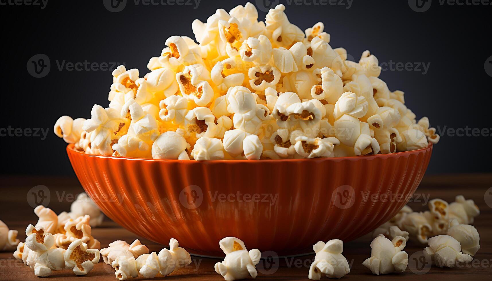 AI generated Fresh popcorn in a wooden bowl, perfect movie theater snack generated by AI photo