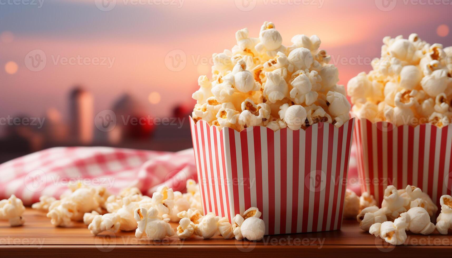 AI generated Fresh popcorn in striped bucket, perfect movie theater refreshment generated by AI photo