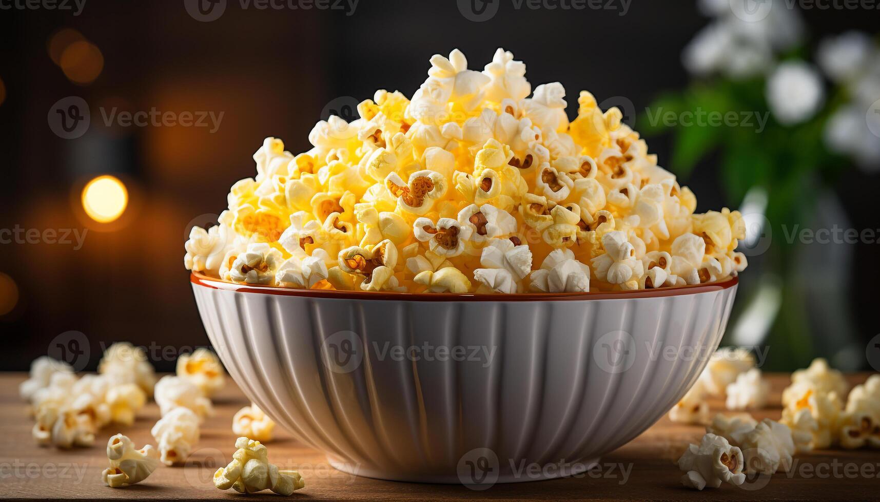 AI generated Fresh popcorn in a yellow bowl, perfect movie theater snack generated by AI photo