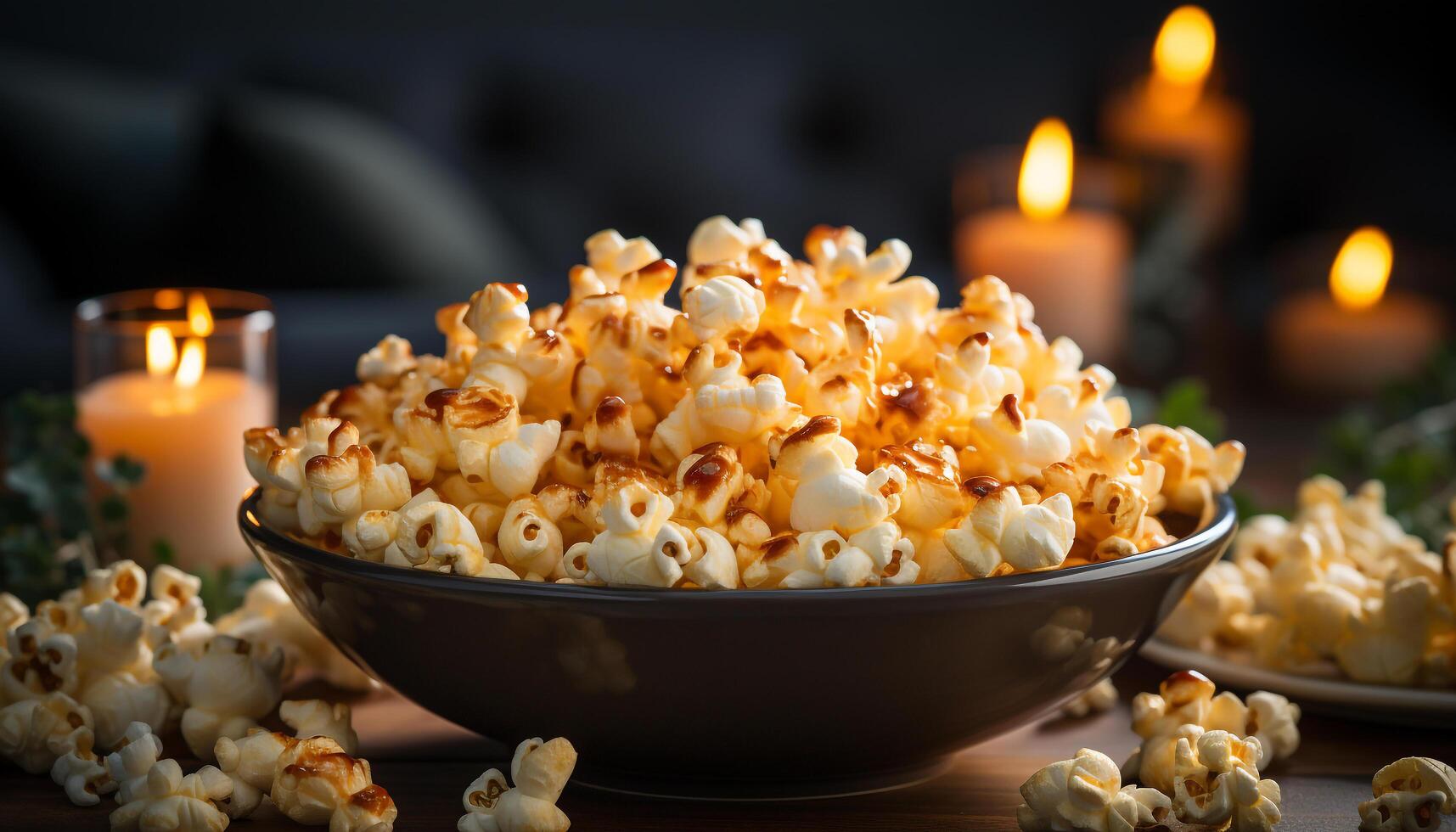 AI generated Fresh popcorn, sweet caramel, movie night, ultimate relaxation generated by AI photo