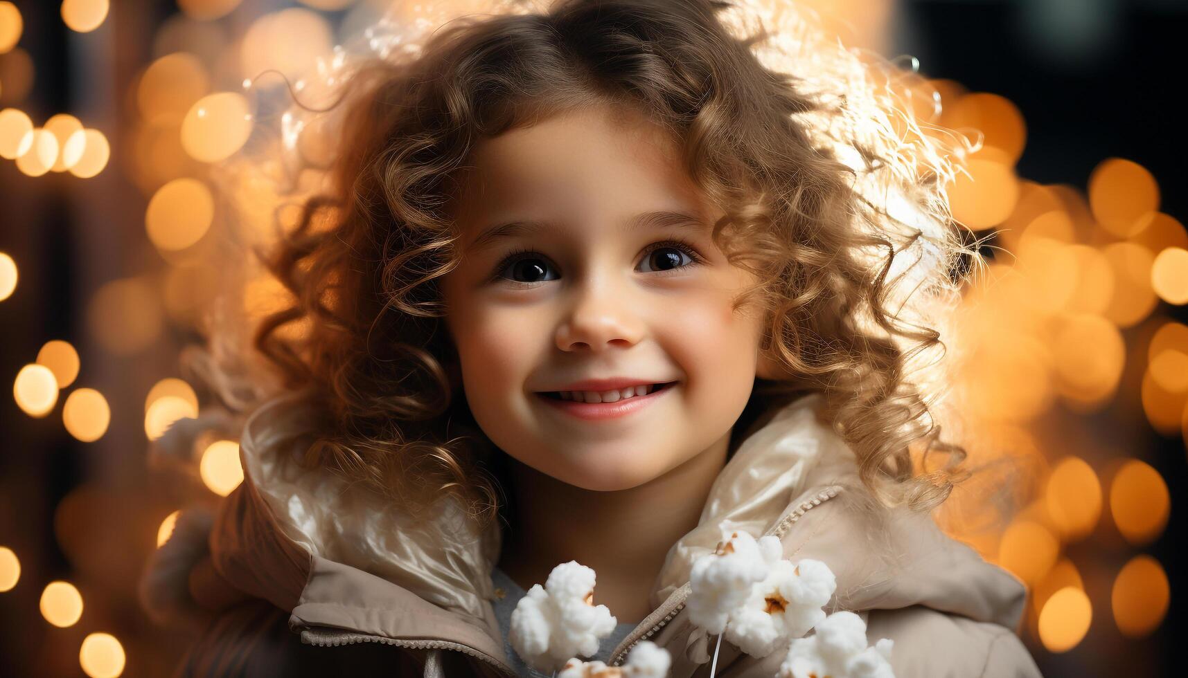 AI generated Smiling child, cheerful happiness, cute portrait, joyful outdoors celebration generated by AI photo