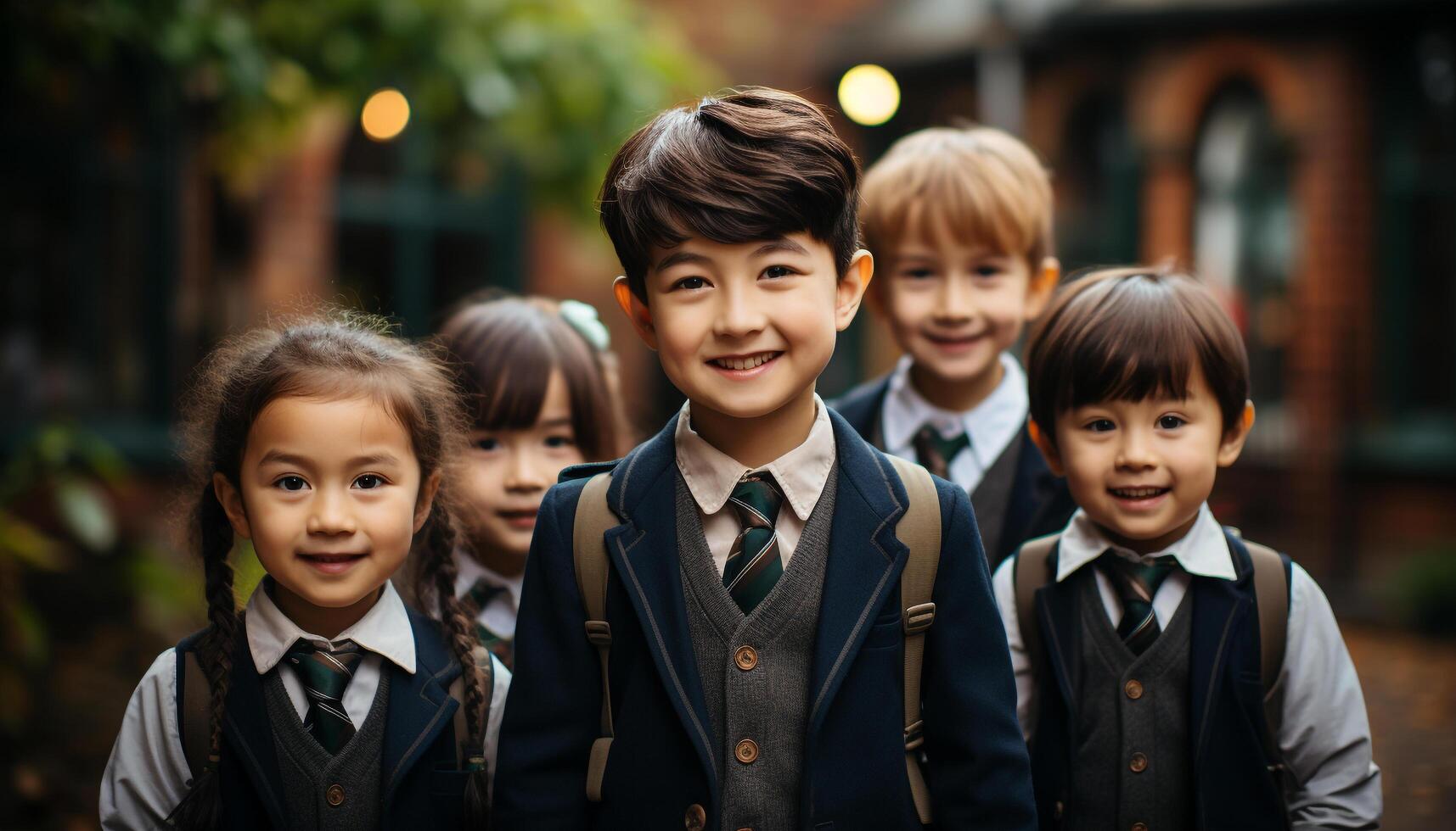 ai generado sonriente niños en colegio uniformes, al aire libre, mirando a cámara generado por ai foto