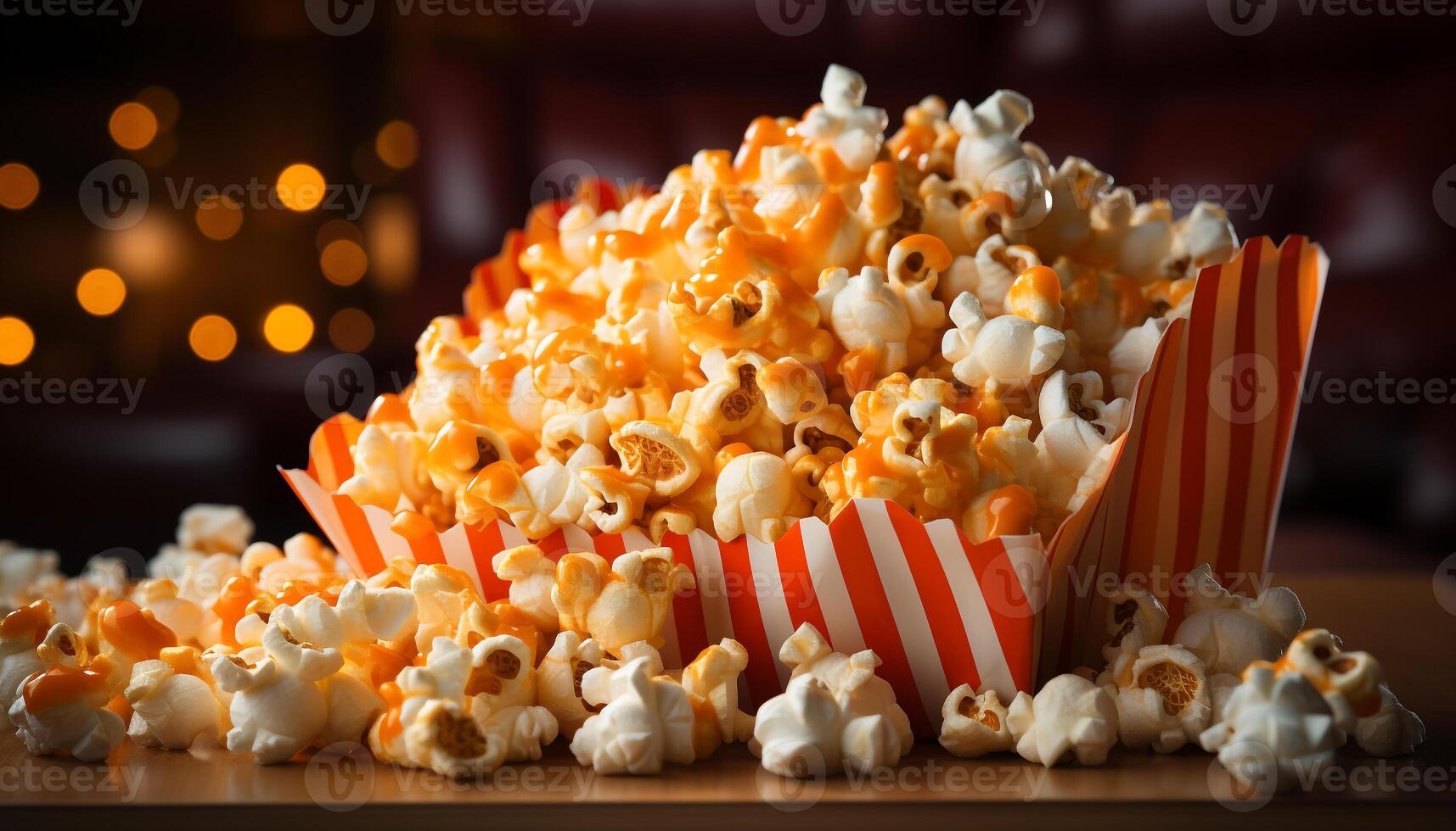 AI generated Fresh gourmet candy on striped table at movie theater generated by AI photo