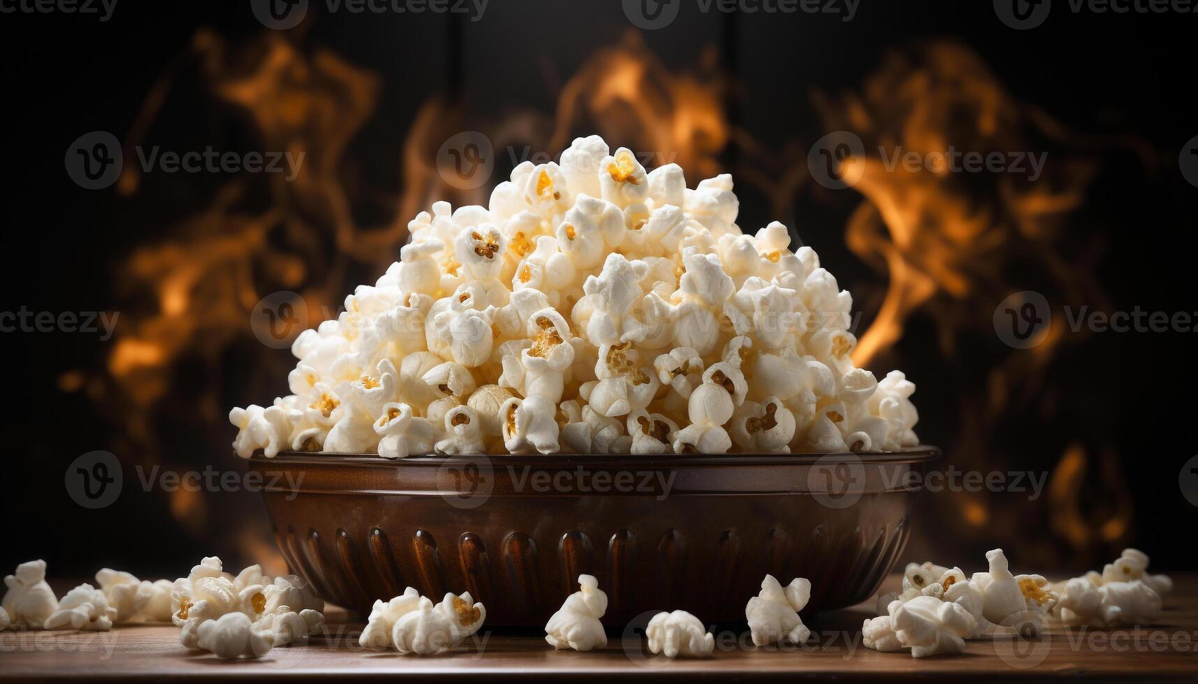 AI generated Fresh popcorn in a wooden bowl, perfect movie snack generated by AI photo