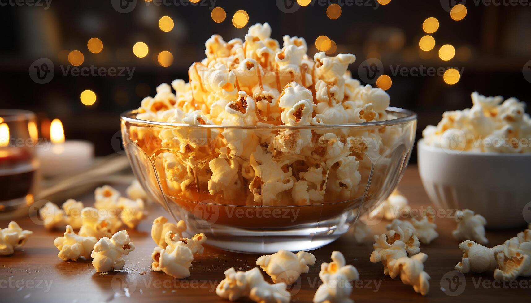 AI generated Fresh popcorn in a wooden bowl, perfect movie night snack generated by AI photo