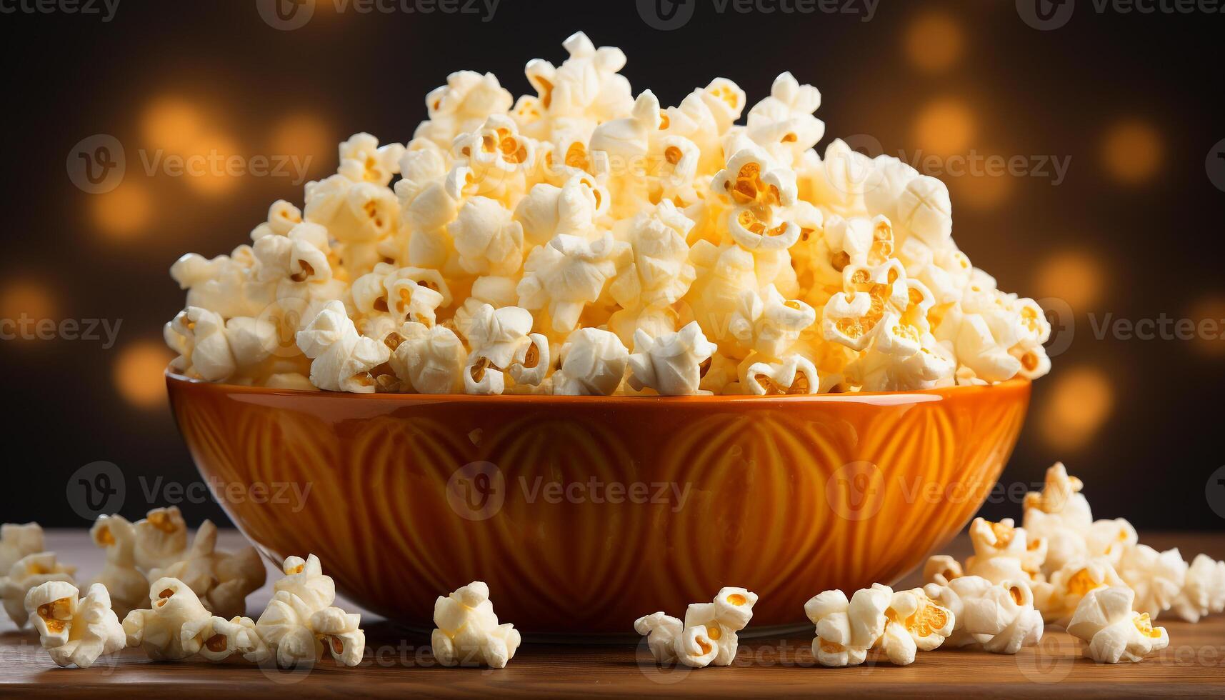 AI generated Fresh popcorn in a yellow bowl, perfect movie theater snack generated by AI photo