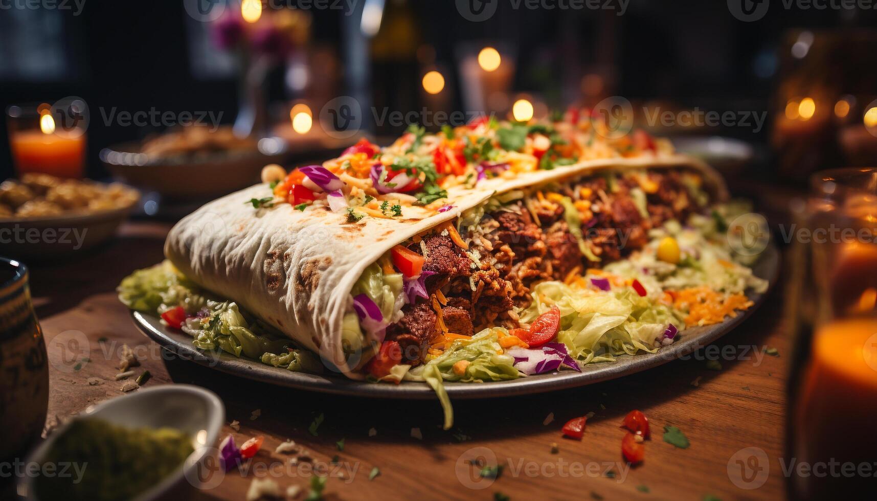 AI generated Grilled beef taco with guacamole, tomato, and cilantro on flatbread generated by AI photo