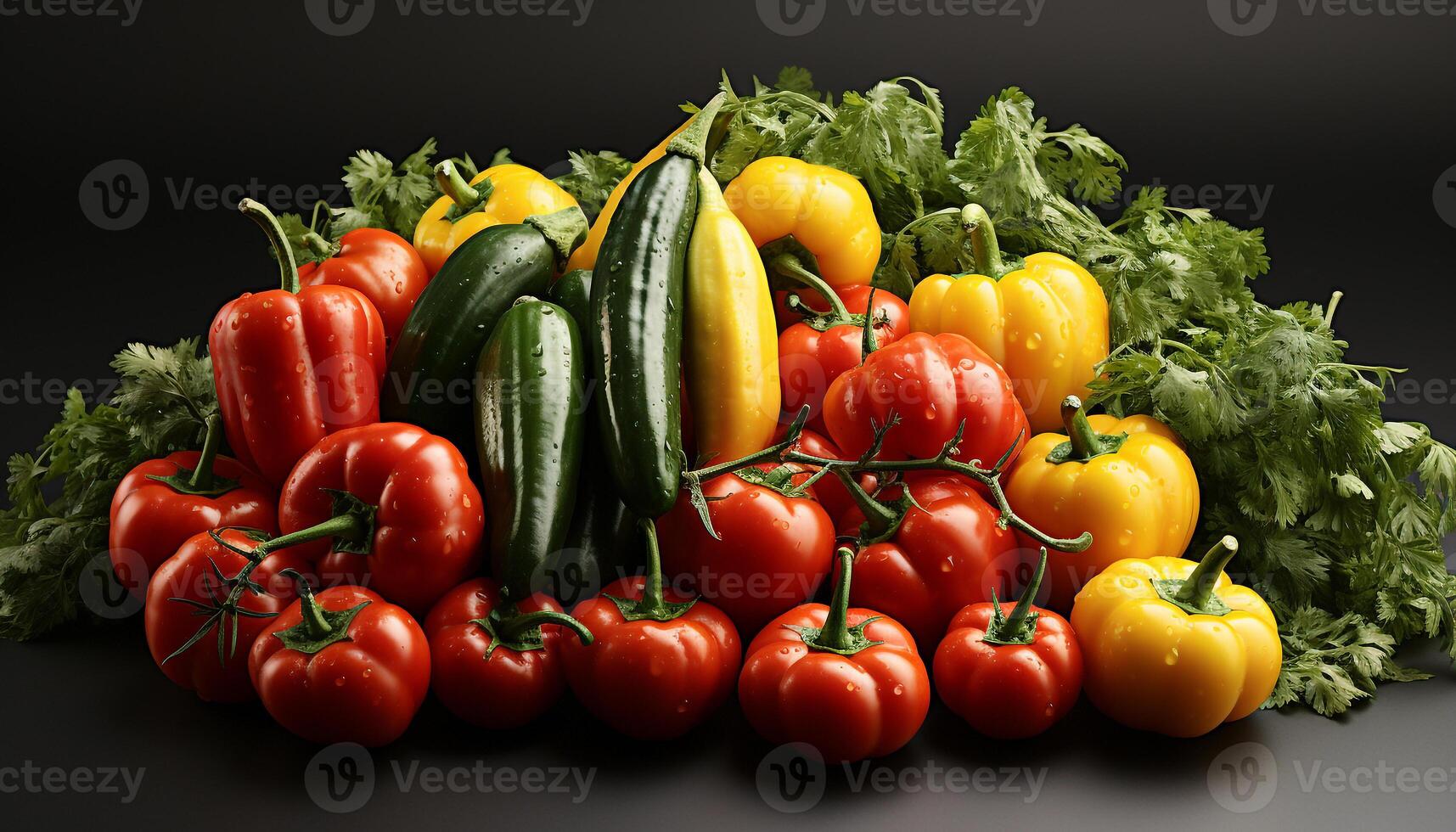 AI generated Fresh, healthy vegetables tomato, cucumber, bell pepper, onion, carrot generated by AI photo